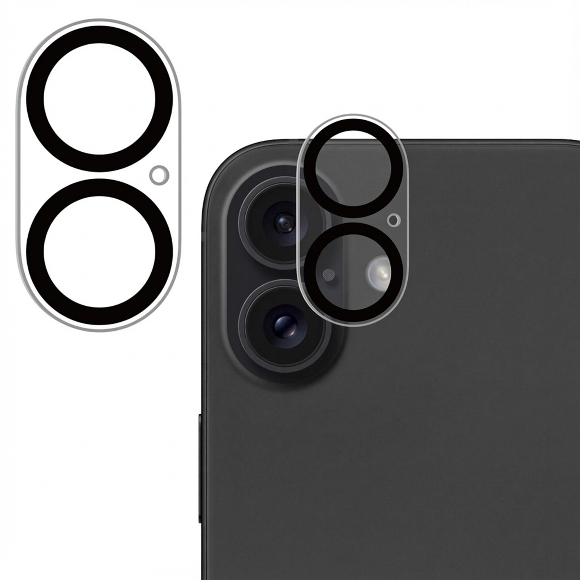 Afbeelding toont een telefoon met twee cameralenzen en een beschermer met twee zwarte cirkels op witte achtergrond.
