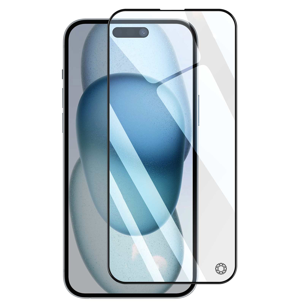Uno smartphone con protezione schermo. Il telefono ha uno schermo sfumato blu. La protezione è trasparente, con bordo nero.