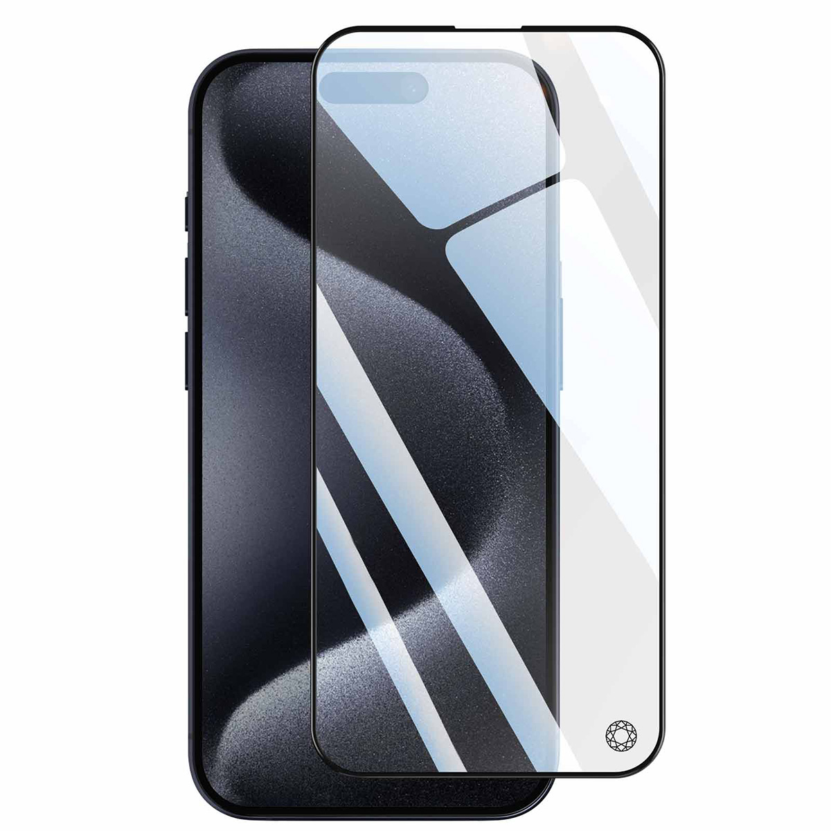 Een smartphone met een schermbeschermer. De telefoon is zwart, de beschermer is transparant. Het scherm toont een textuurpatroon.