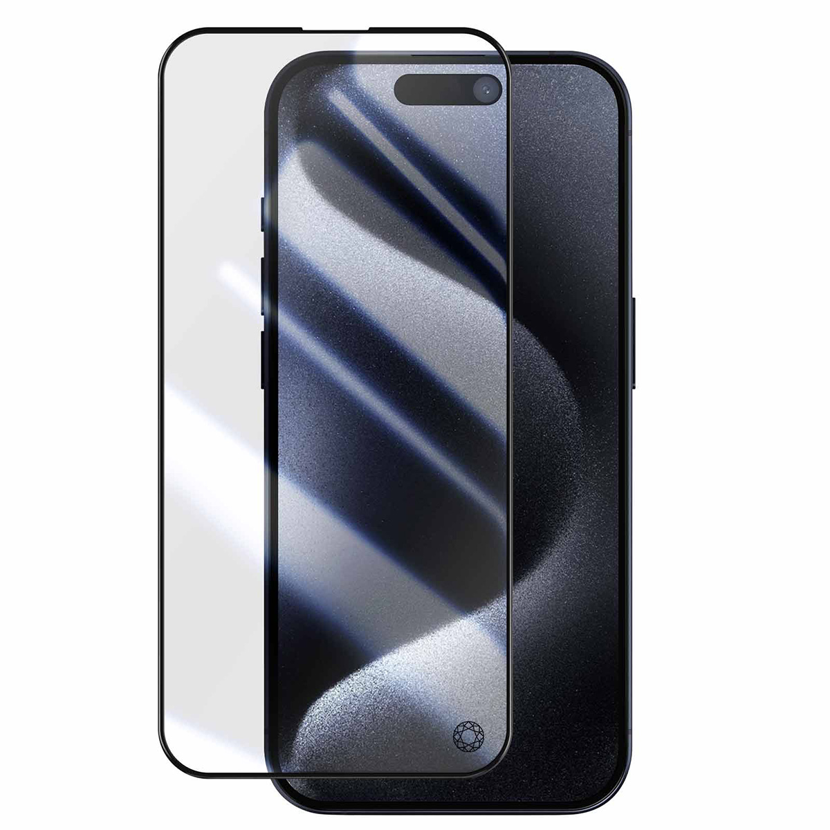 Un smartphone avec un protecteur d'écran. Le téléphone est noir avec une caméra et un capteur d'empreintes digitales. Le protecteur est transparent.