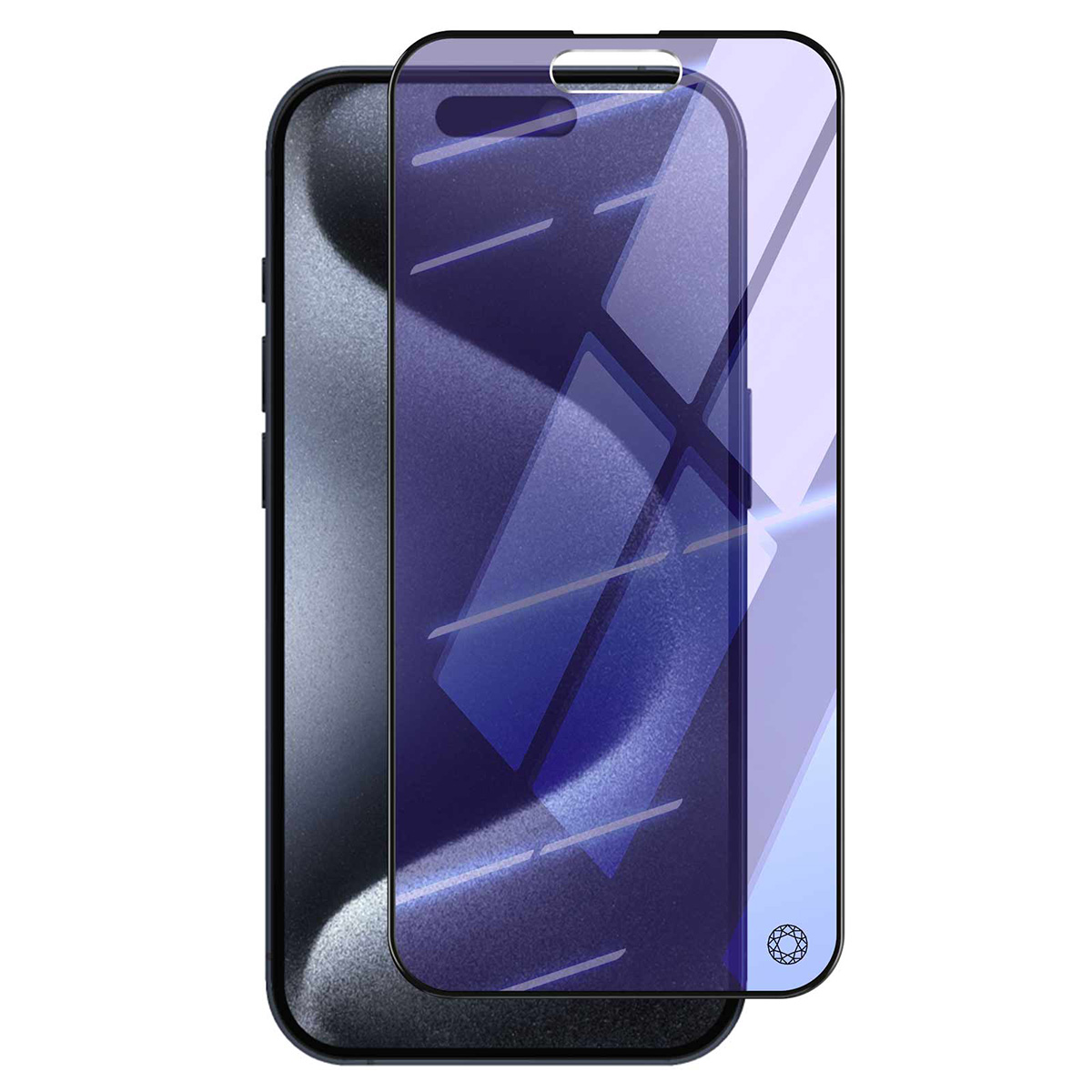 Een smartphone met een schermbeschermer. De beschermer is paars en bedekt het scherm. De telefoon is zwart en heeft een camera.
