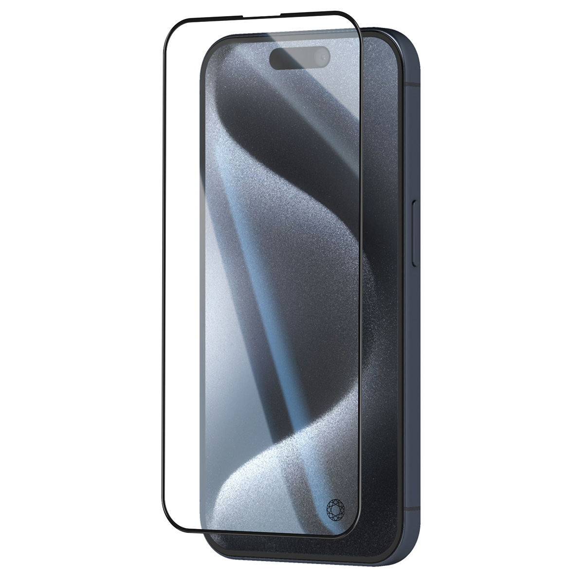 Een smartphone met een schermbeschermer. De telefoon is donkerblauw met een scherm en camera-uitsparing. De beschermer is transparant.