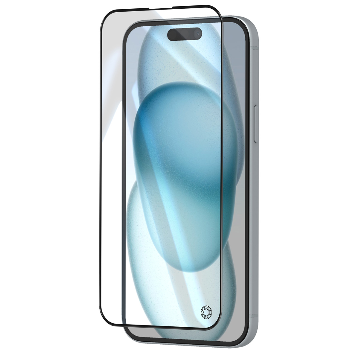 Uno smartphone con protezione schermo. Il telefono è argento, la protezione è trasparente e lo sfondo è blu sfocato.
