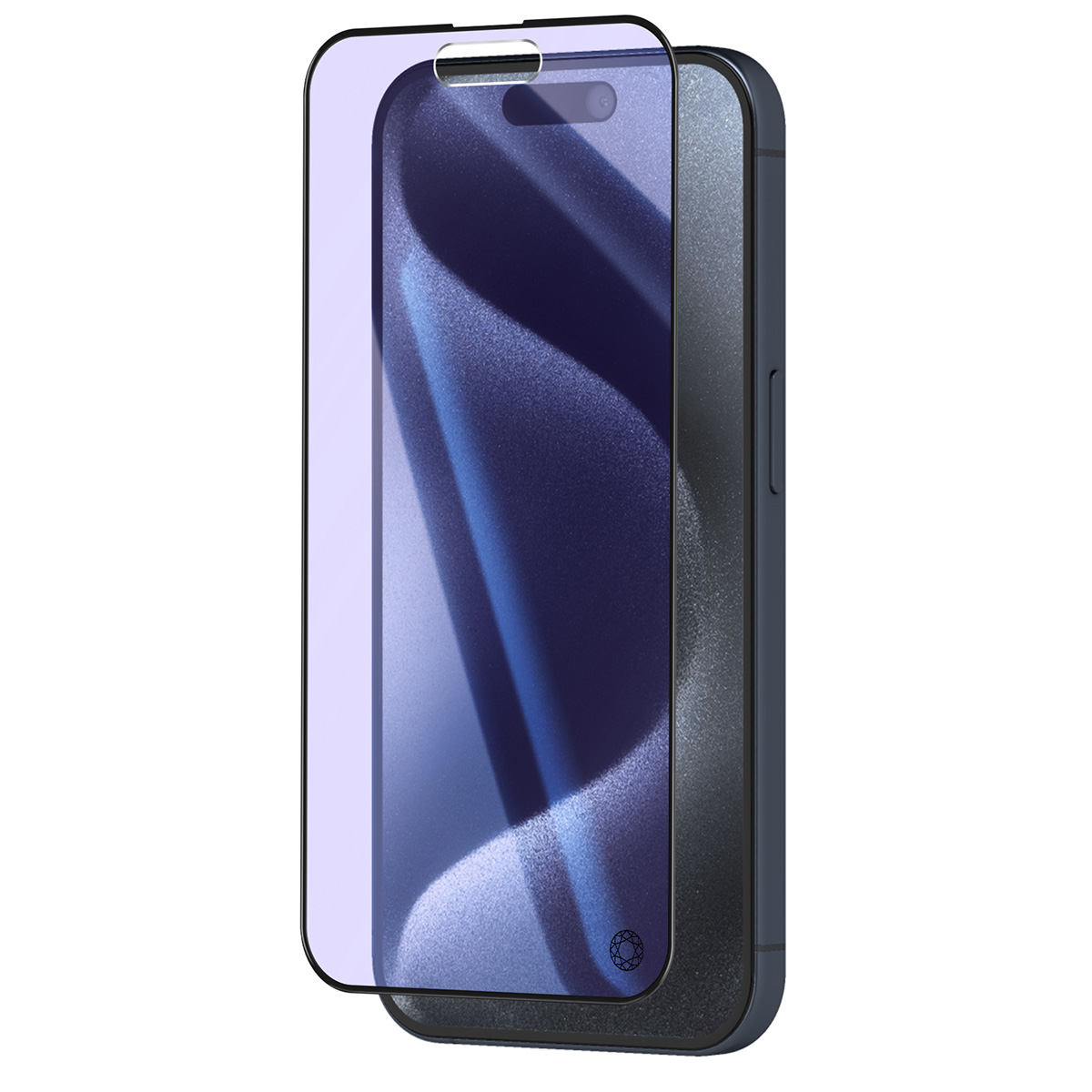 Een smartphone met een schermbeschermer. De schermbeschermer heeft een lichtpaarse kleur. De telefoon is donkerblauw.