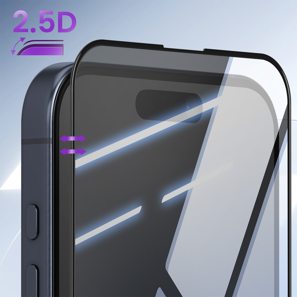 Close-up van een telefoon screenprotector. De protector is zwart en gedeeltelijk transparant, met een gloeiend blauw ontwerp.