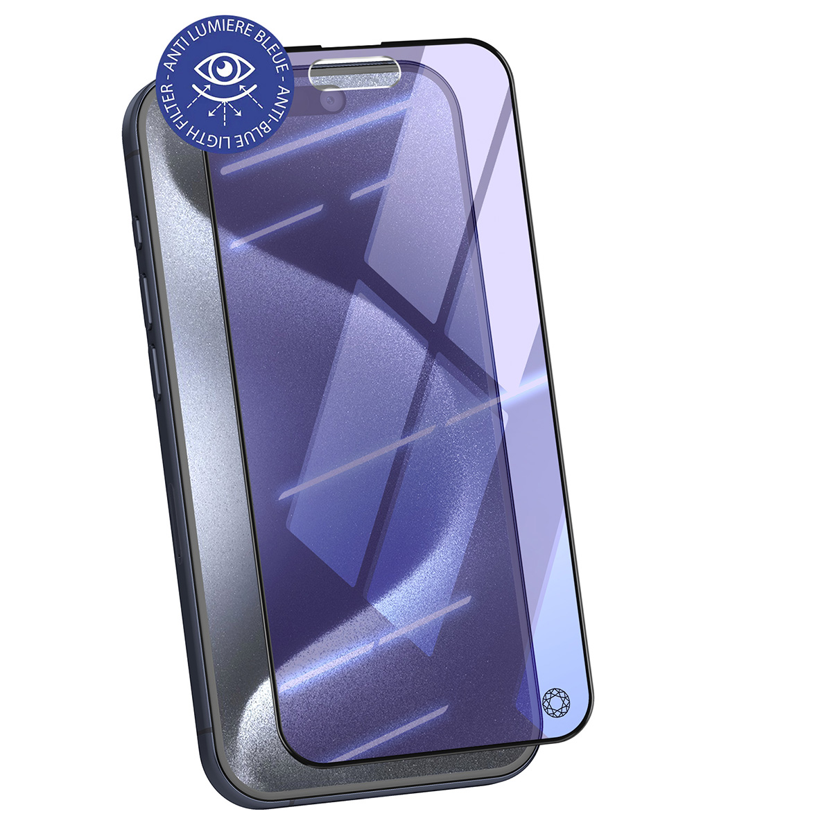 Een smartphone met een blauw getinte schermbeschermer. De beschermer heeft een ontwerp en een label voor blauw licht filter.