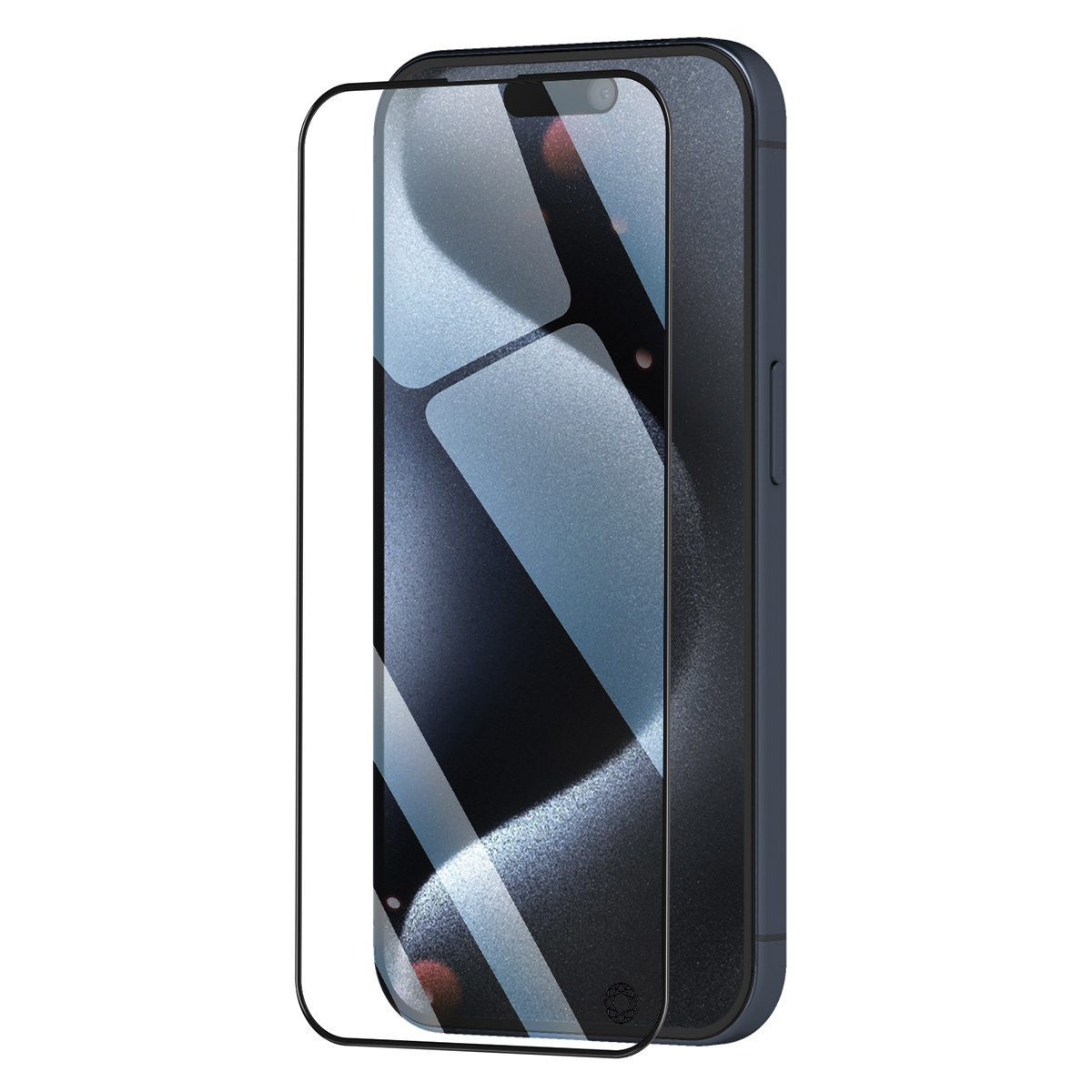 Un smartphone avec un protecteur d'écran. Le téléphone est bleu foncé, avec un protecteur d'écran en verre.