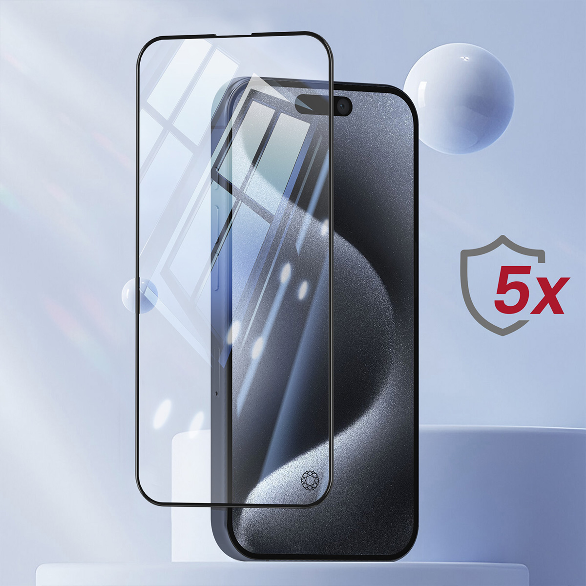 Un téléphone avec un protecteur d'écran. Le protecteur est transparent, et le téléphone est noir. Une icône de bouclier 5x est présente.