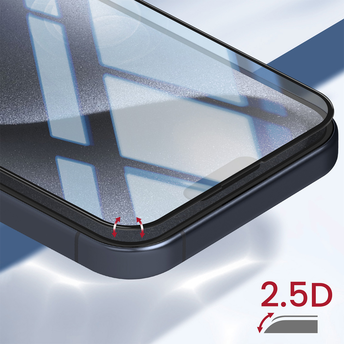 Gros plan sur un protecteur d'écran de téléphone, une conception 2.5D. Le protecteur est sur un téléphone bleu foncé, avec une surface réfléchissante.