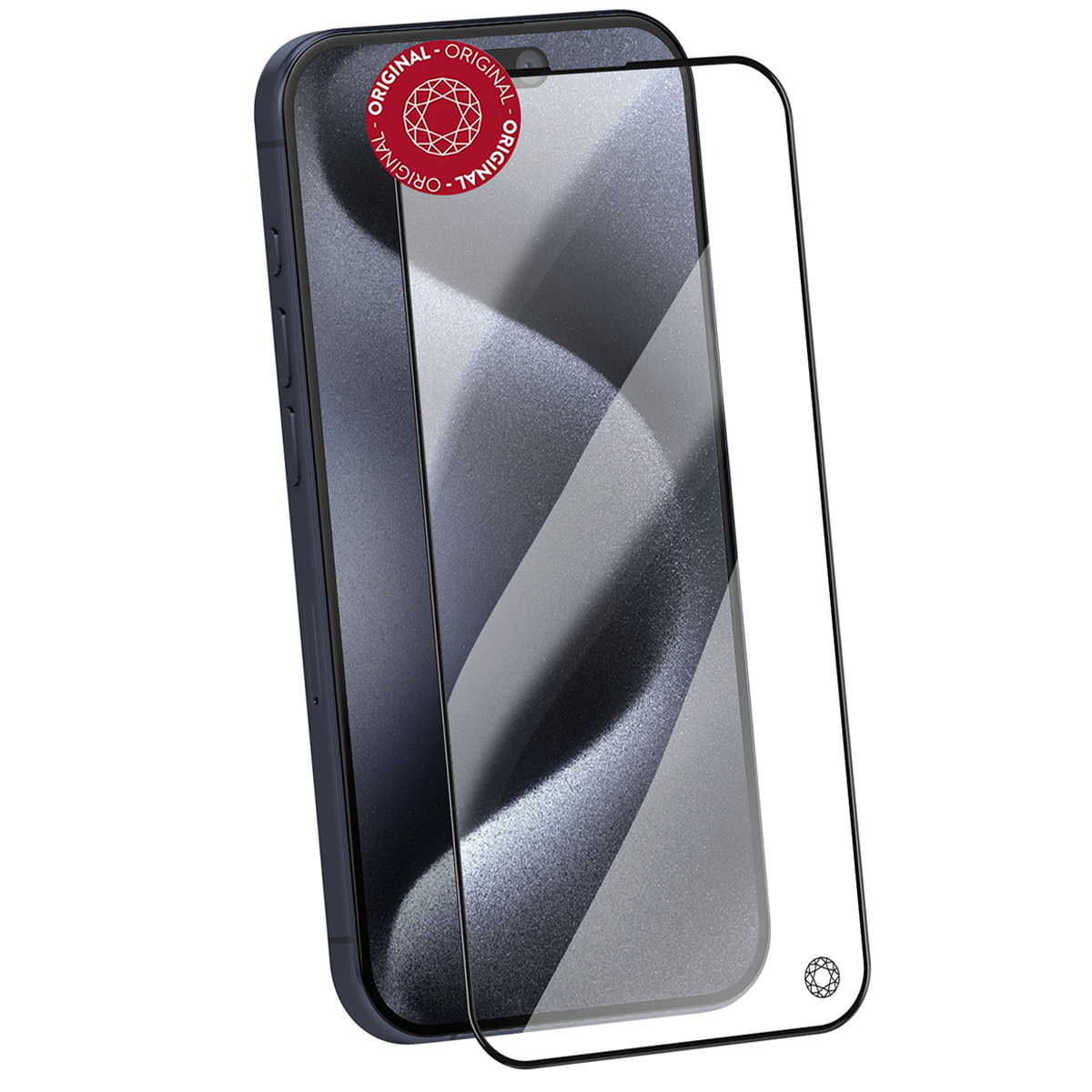 Un smartphone avec un protecteur d'écran. Le téléphone est bleu foncé, avec un autocollant 'ORIGINAL'. Le protecteur est clair.