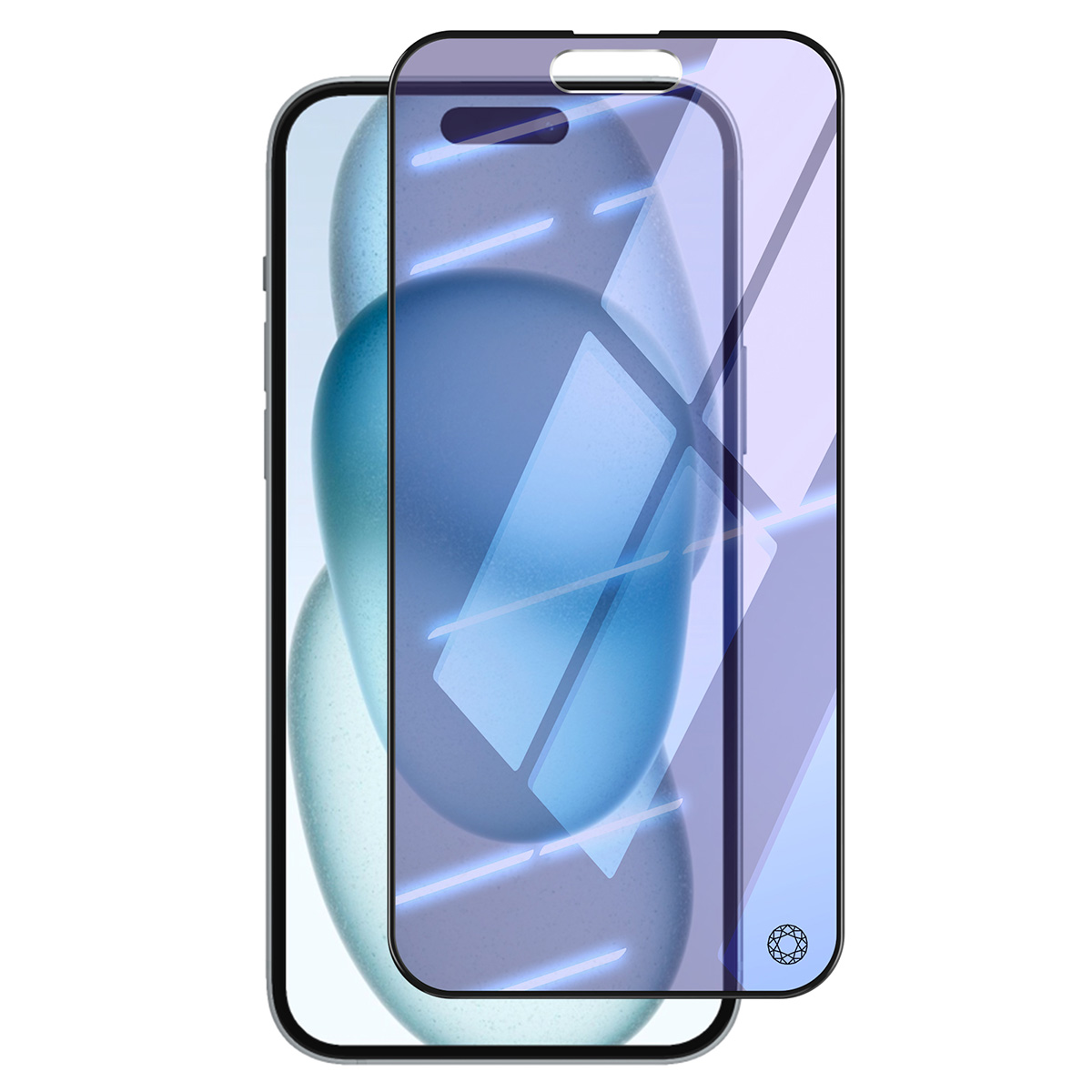 Un telefono con una protezione per lo schermo. La protezione è viola e ha un piccolo foro per la fotocamera. Lo schermo del telefono è visibile.