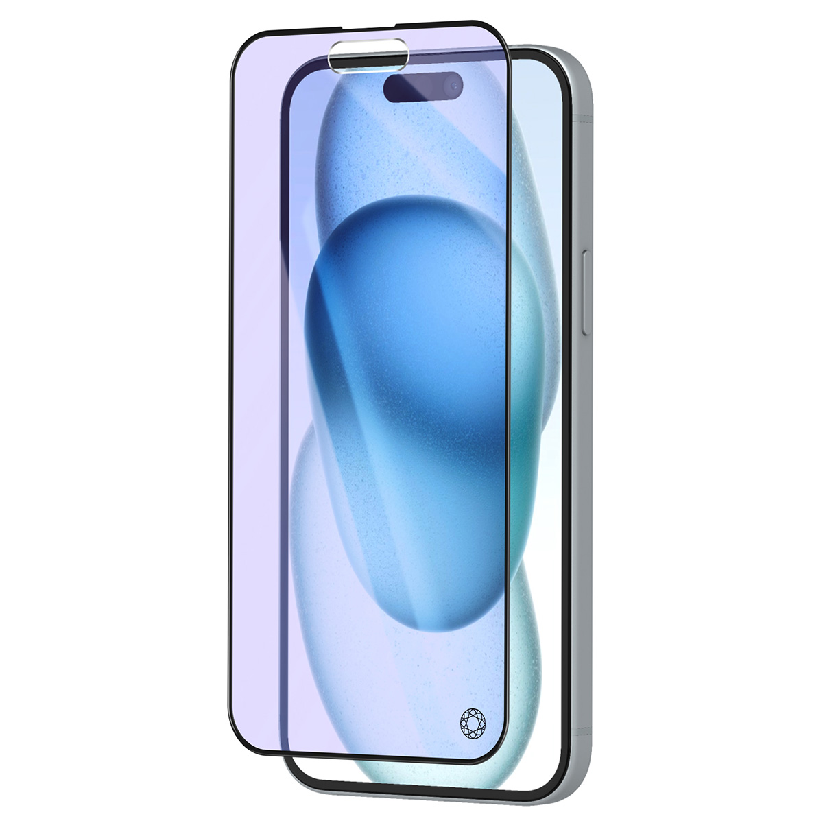 Uno smartphone con protezione schermo. La protezione schermo è viola. Il telefono è argento.