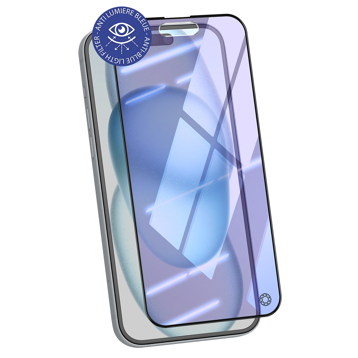 Uno smartphone con una protezione schermo con filtro luce blu. La protezione ha una tinta viola e un logo filtro luce blu.