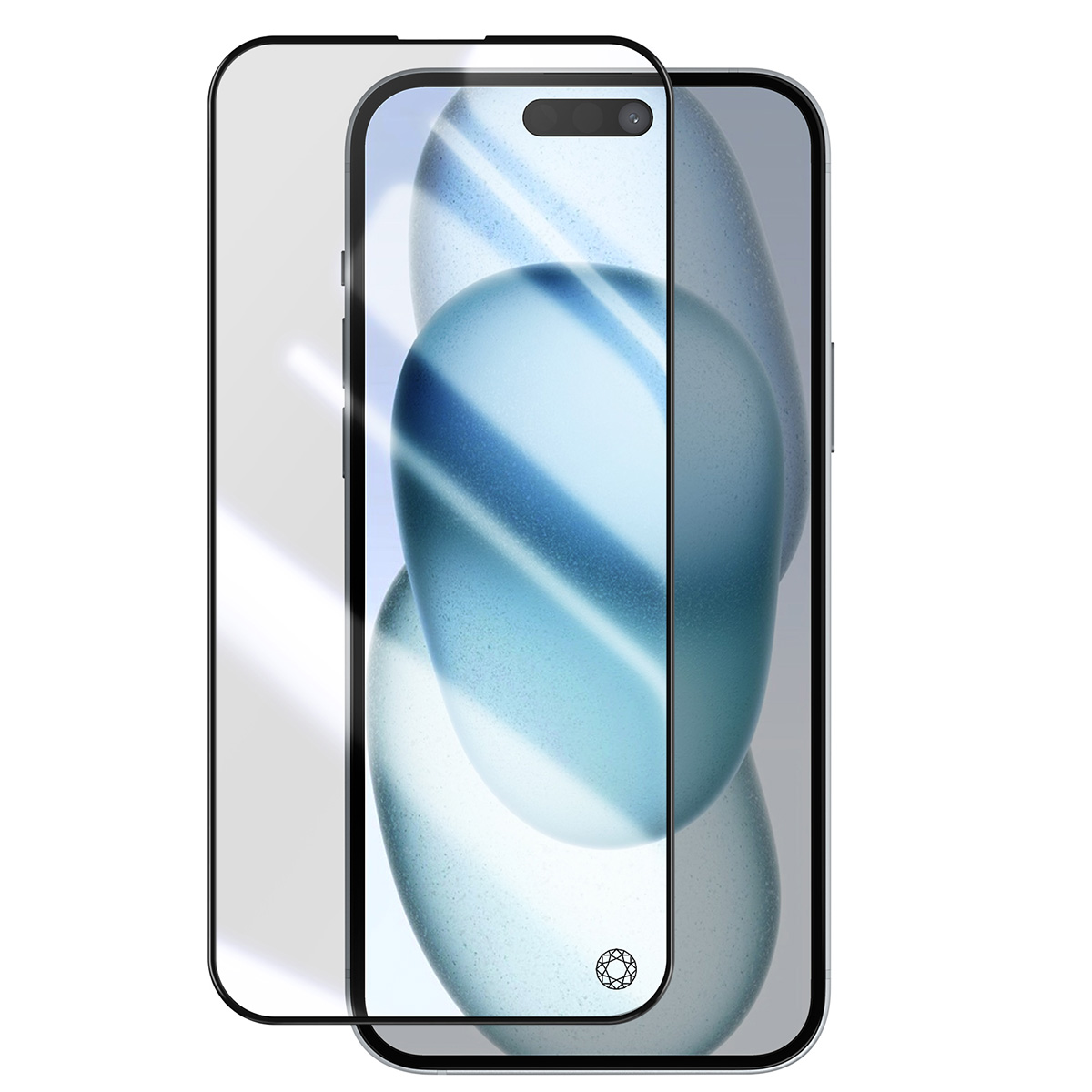 Een smartphone met een schermbeschermer. Het scherm toont een blauw-witte vage achtergrond. De beschermer is helder.