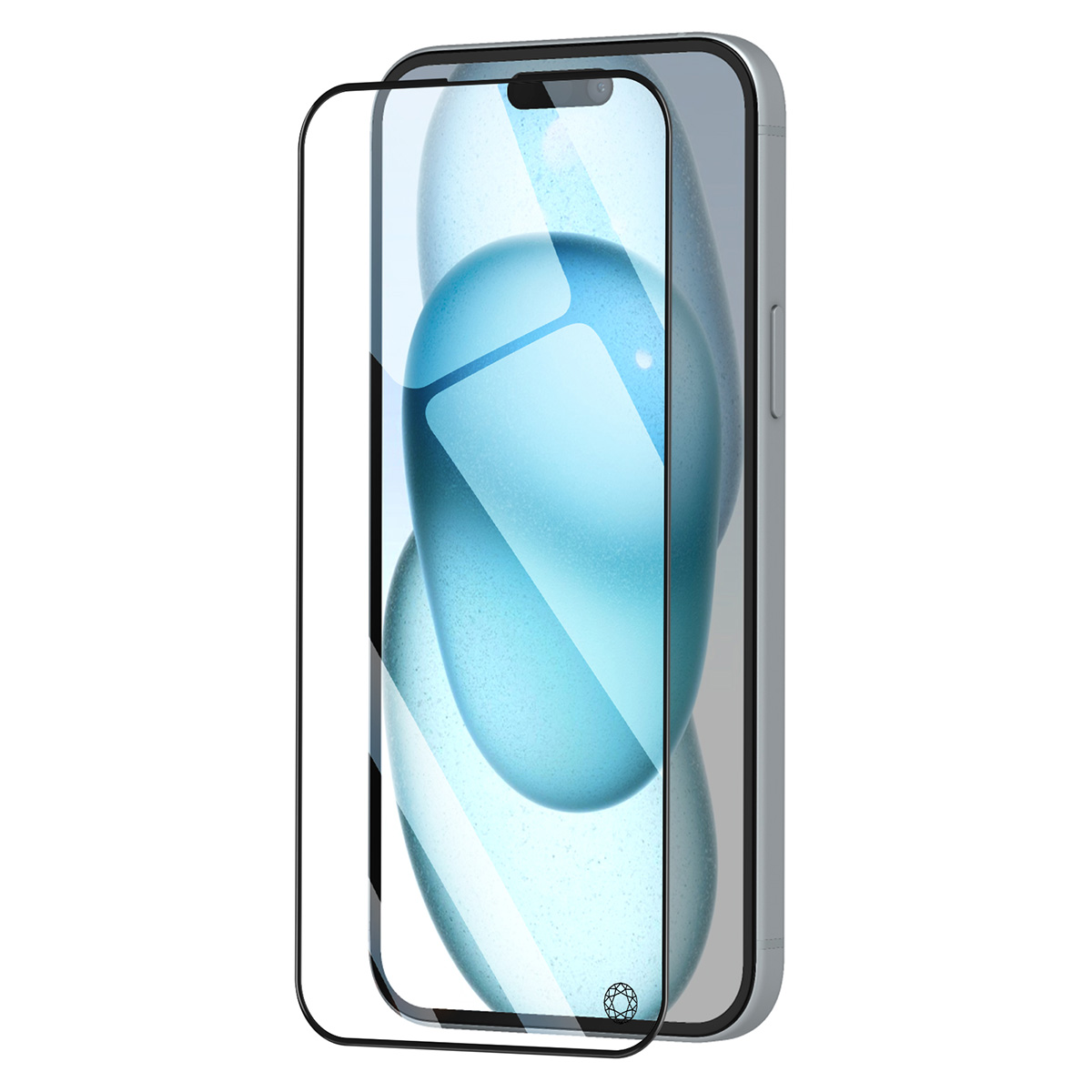 Een smartphone met een schermbeschermer. De telefoon is zilverkleurig met een glazen scherm. Het scherm toont blauwe vormen.