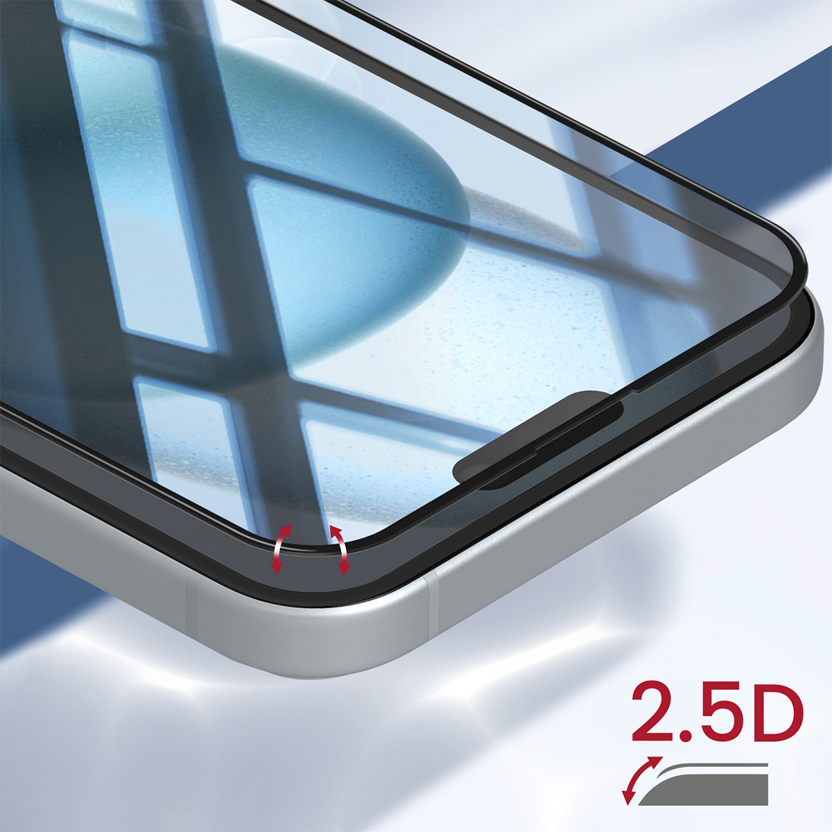 Een close-up van een schermbeschermer van een telefoon, met gebogen randen. De telefoon is zilverkleurig en de beschermer zwart. De achtergrond is wit en blauw.
