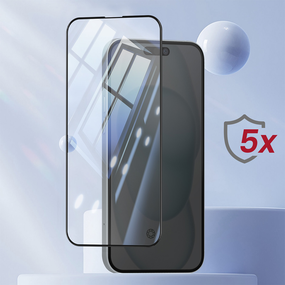 Een telefoon met een schermbeschermer. Een witte bol en een schild met 5x tekst op een lichtblauwe achtergrond.