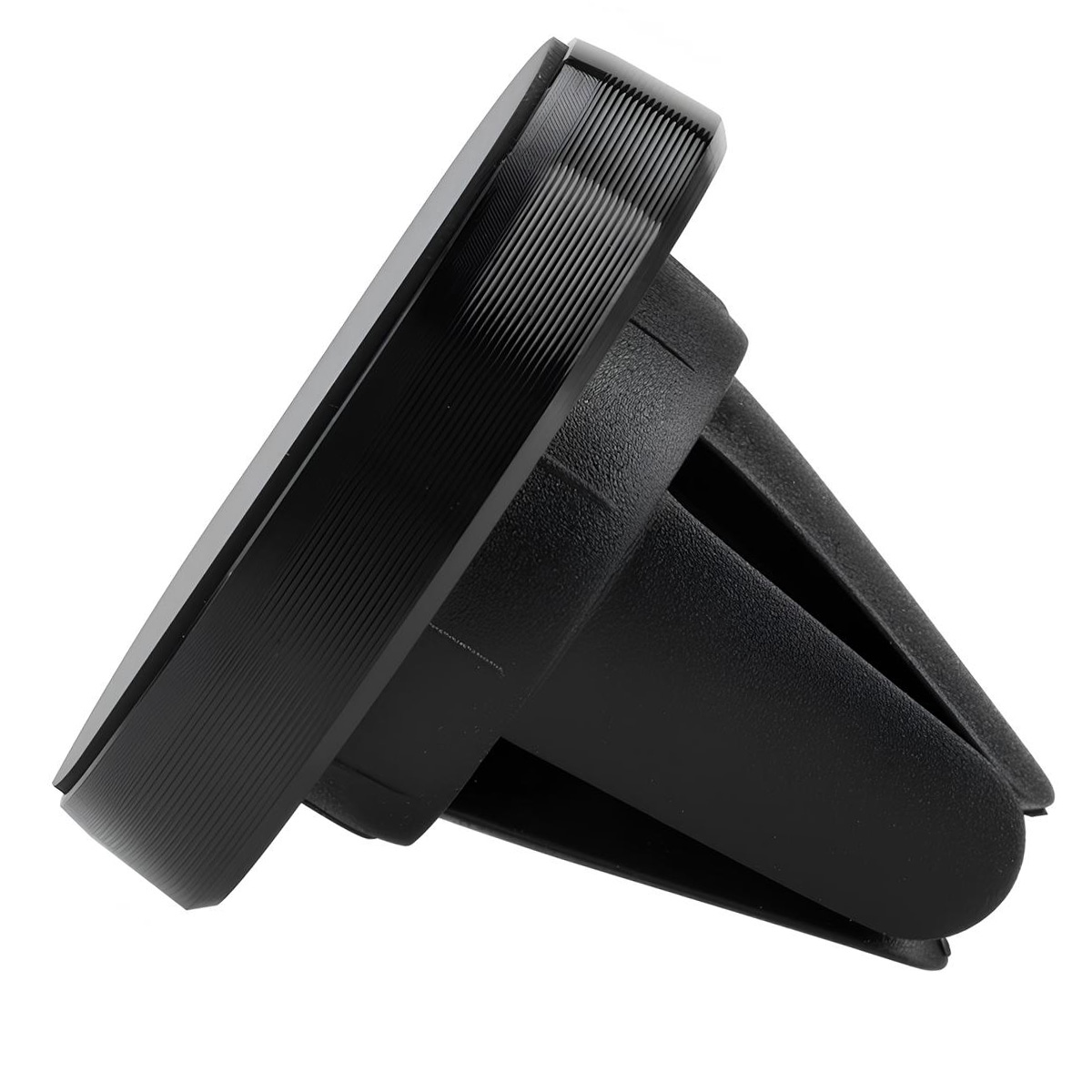 Supporto nero per telefono per bocchetta auto. Ha una parte superiore circolare con creste e una clip per il fissaggio.