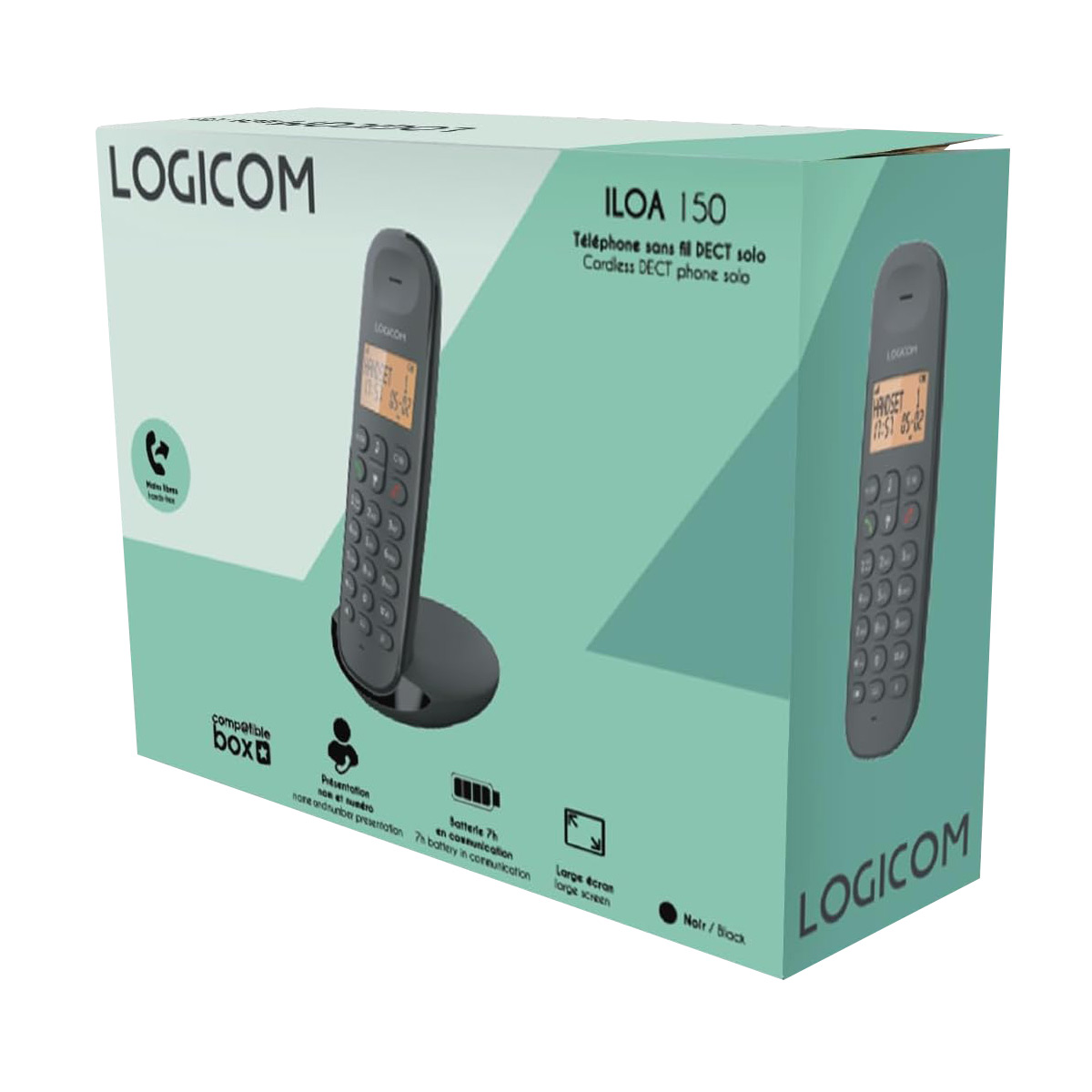 Eine Logicom Iloa 150 Schnurlos-Telefonbox. Es zeigt das Telefonbild, Produktdetails und Symbole. Das Telefon ist schwarz.
