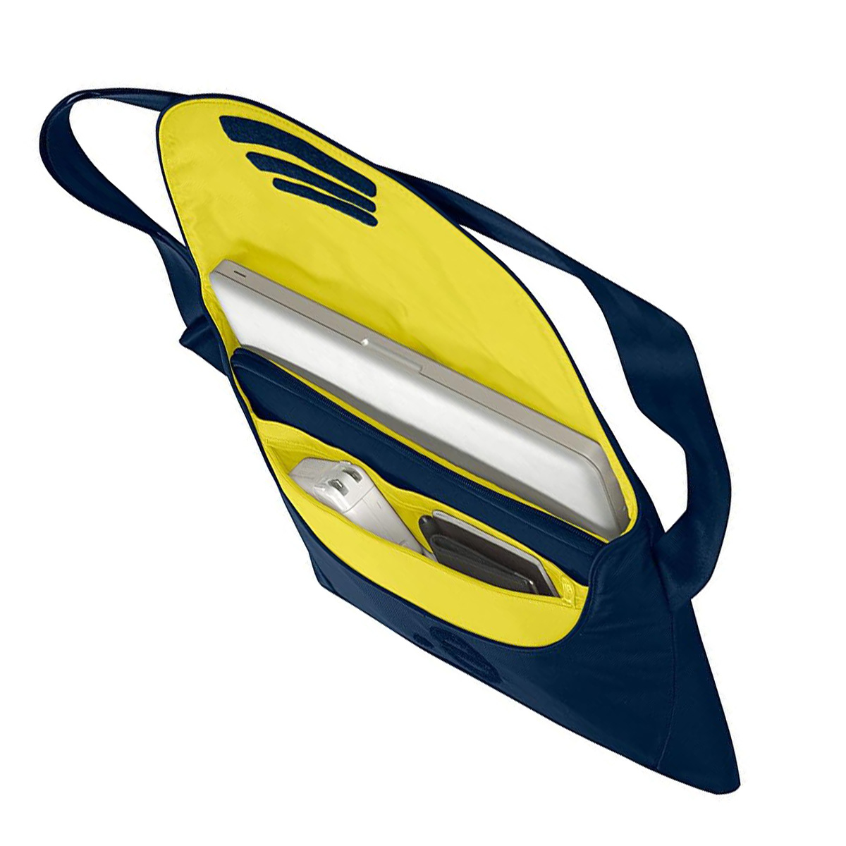 Sac fourre-tout bleu ouvert avec intérieur jaune. Contient un ordinateur portable, une souris blanche et un portefeuille noir. Le sac a une bandoulière.