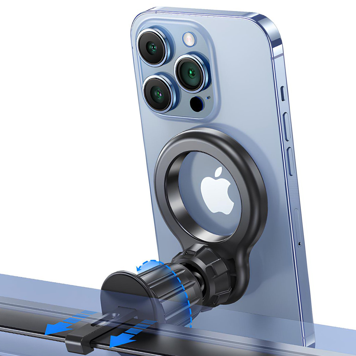 Un iPhone blu con un supporto per telefono nero. Il supporto è montato su una base metallica. Frecce indicano la funzione del supporto.