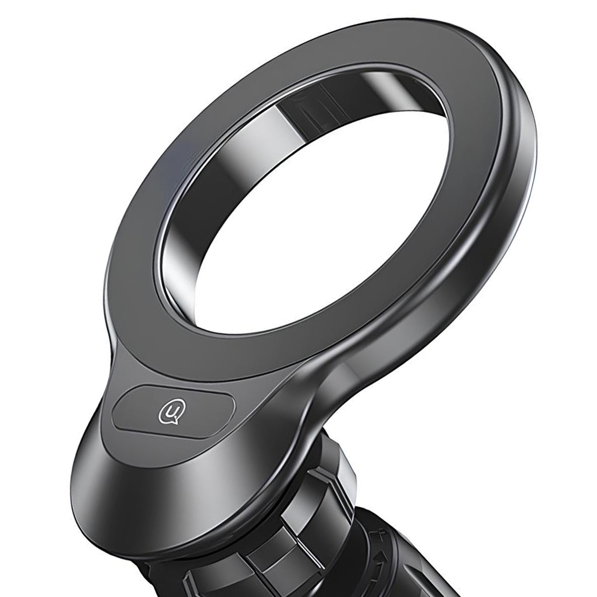 Primo piano di un supporto per telefono nero con anello circolare. Il supporto ha un logo e una base, su sfondo bianco.