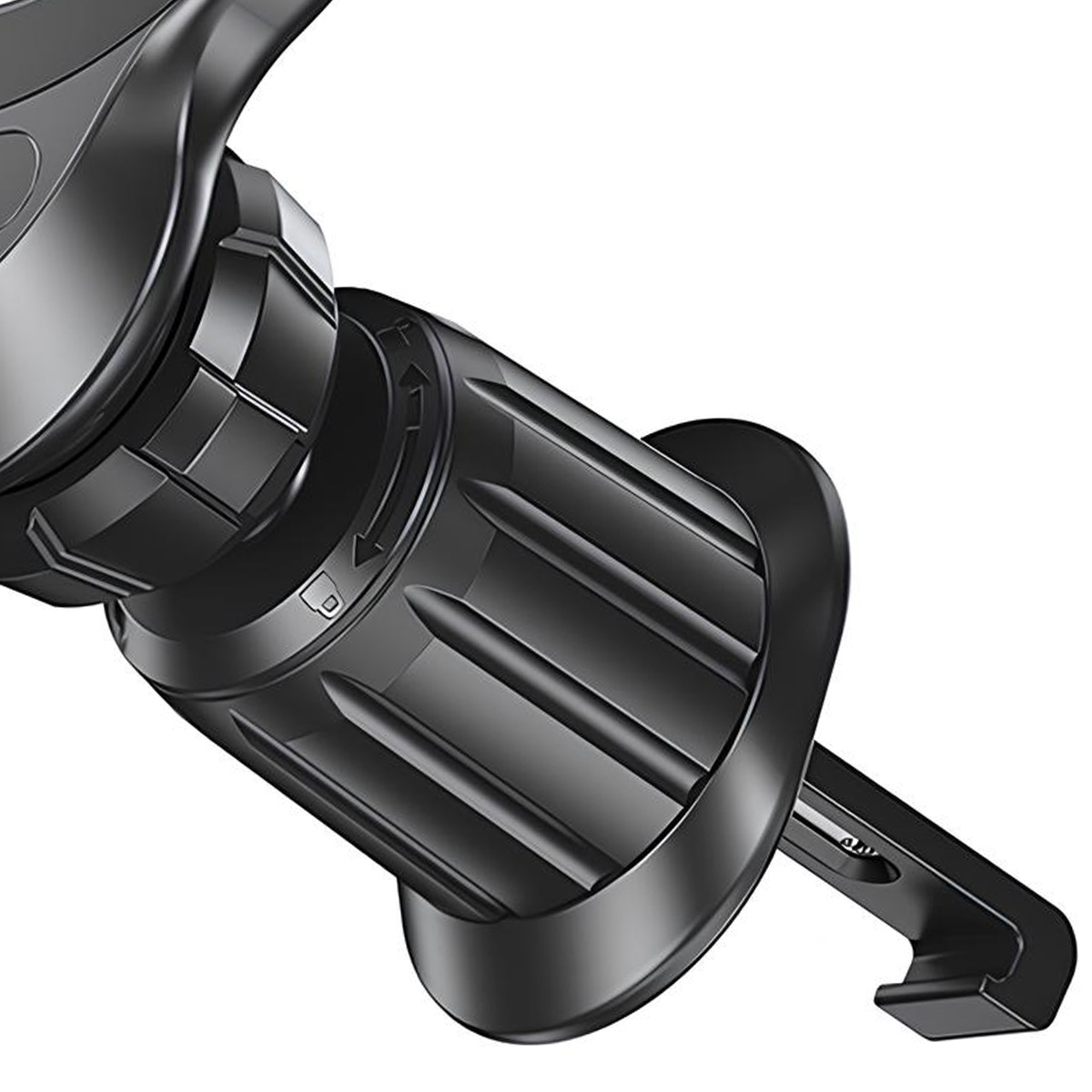 Primo piano di un supporto nero per telefono da bocchetta dell'auto. Presenta una base circolare, parti regolabili e un gancio.
