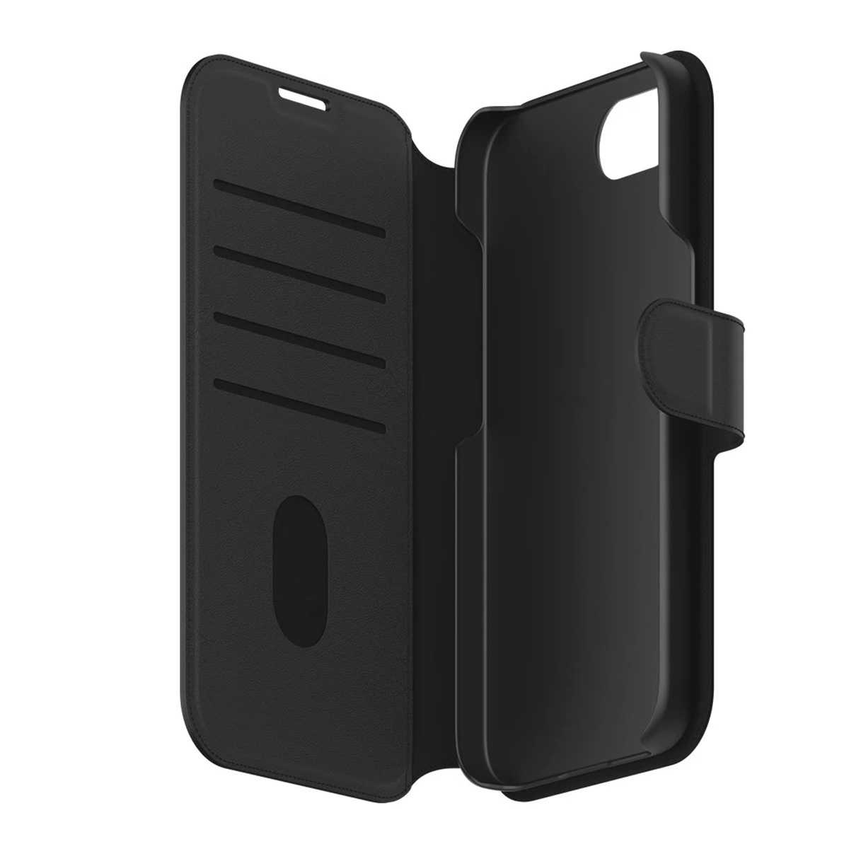 Custodia per telefono nera aperta. Il lato sinistro ha fessure per carte, il lato destro è per il telefono. Texture pelle.
