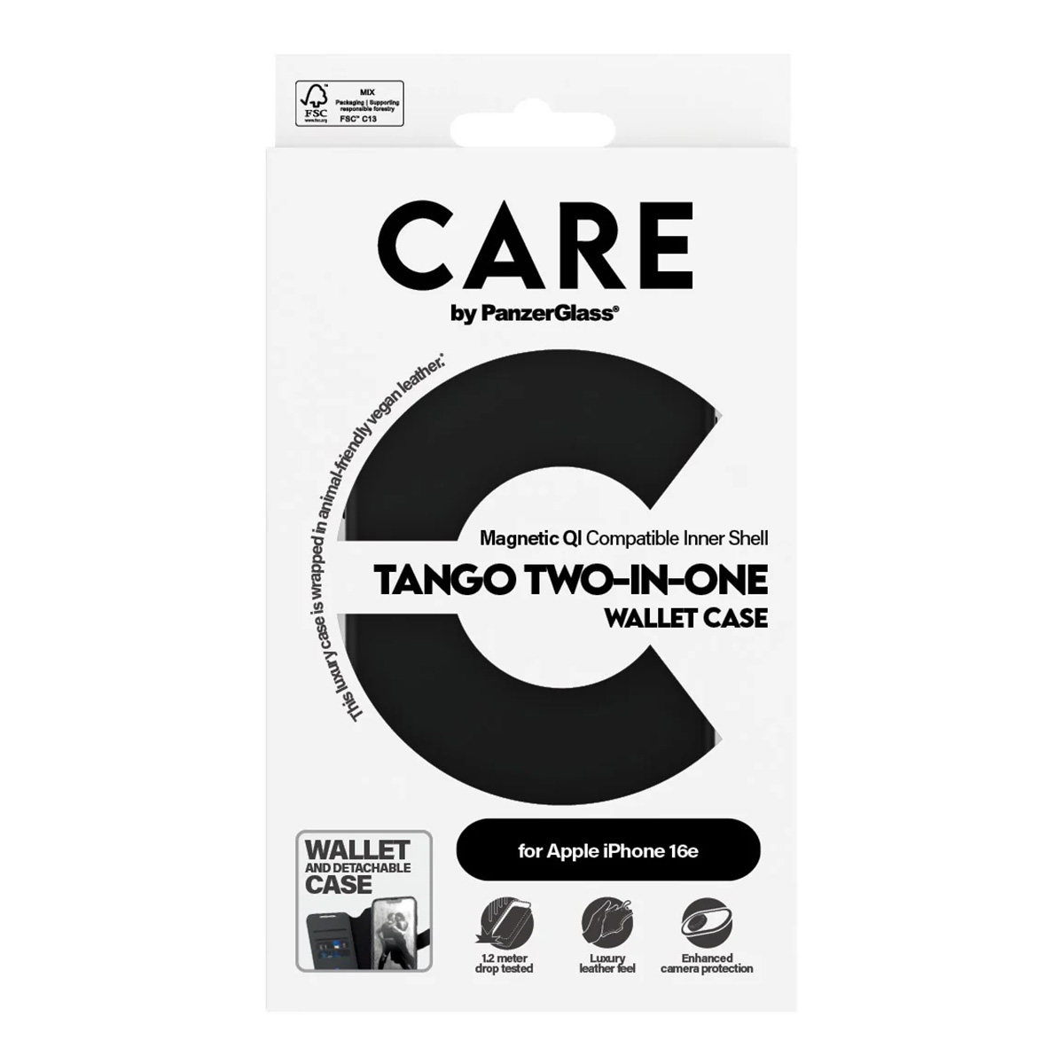 Una scatola bianca con testo nero. Dice 'CARE' e 'TANGO TWO-IN-ONE WALLET CASE'. È per Apple iPhone 16e. Il logo FSC è in alto a sinistra.