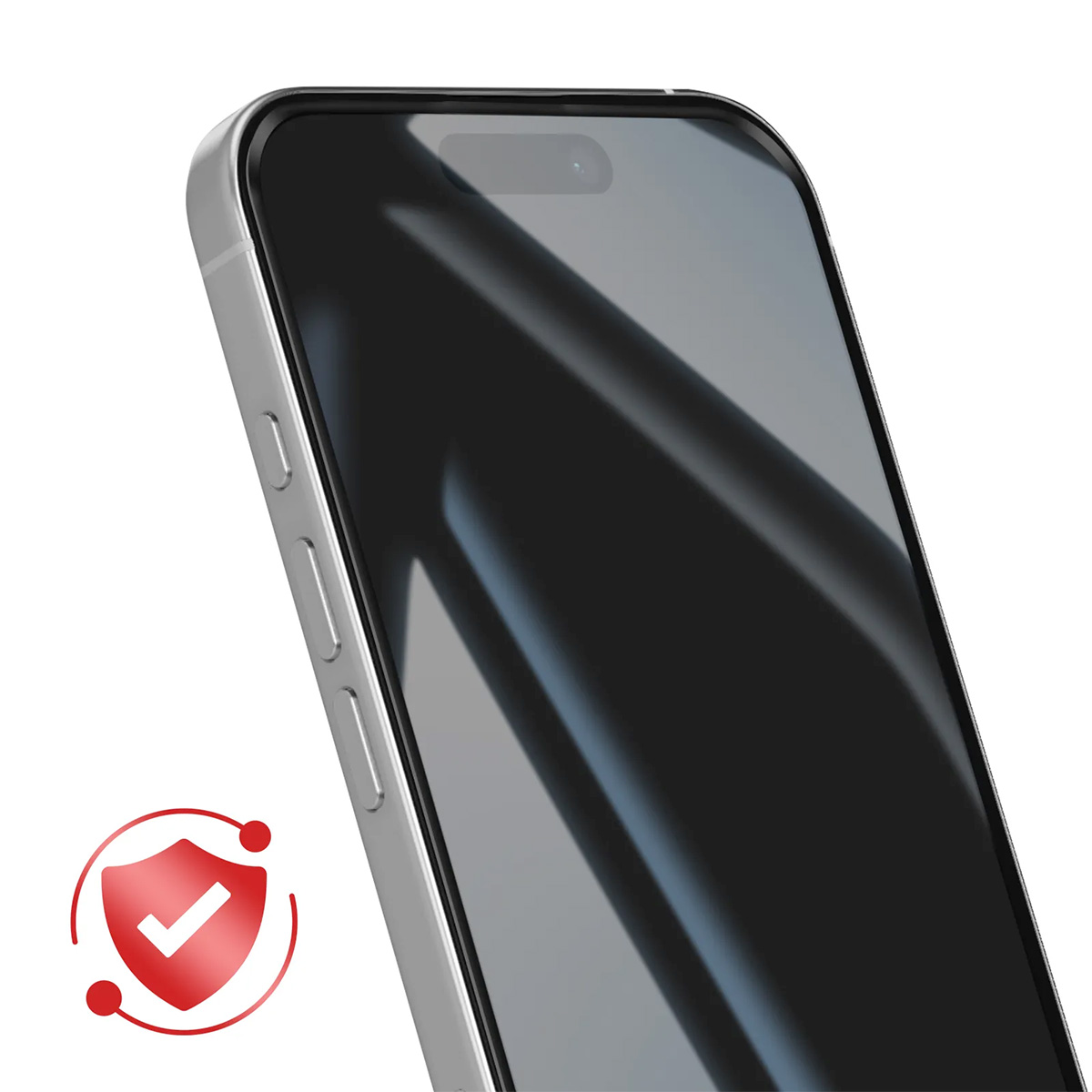 Uno smartphone argentato con schermo nero è angolato. Un'icona di scudo rosso con un segno di spunta è in basso a sinistra.