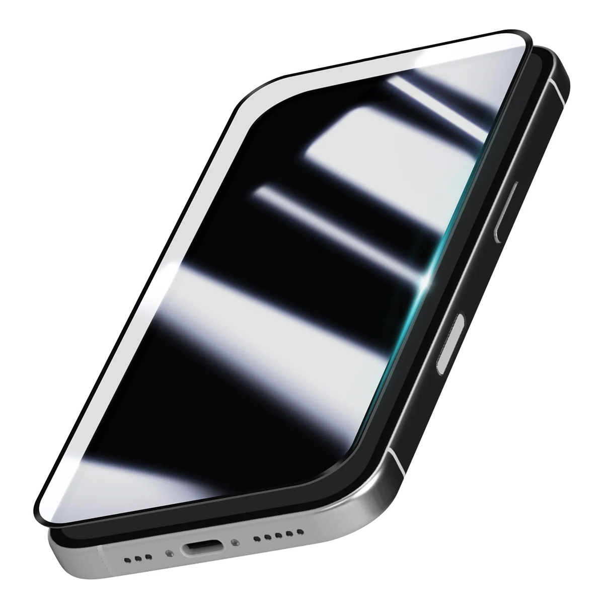 Uno smartphone con protezione schermo. Il telefono è nero e argento. Lo schermo riflette la luce. Il telefono è su sfondo bianco.