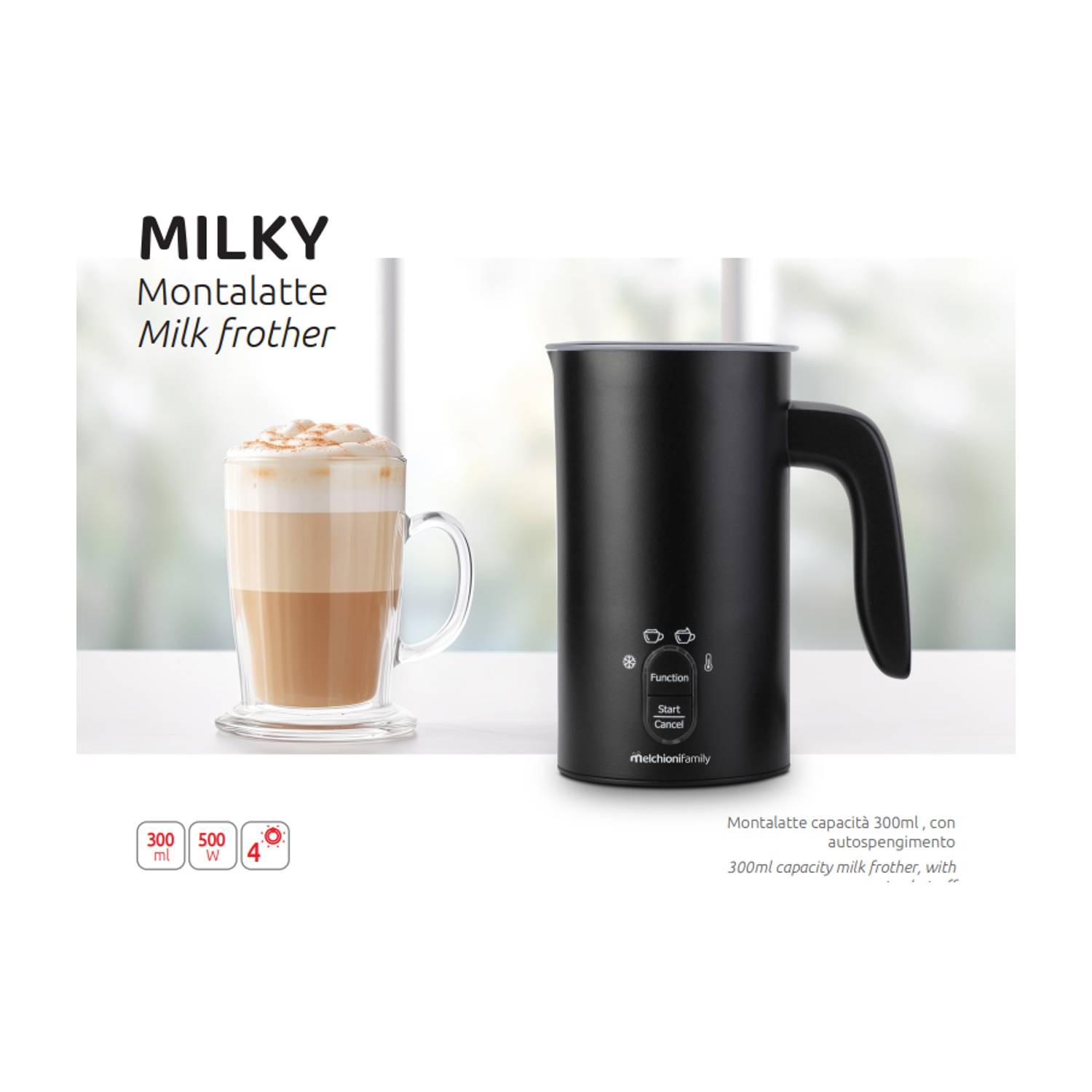 Un espumador de leche y un vaso de latte están sobre una superficie blanca. El espumador es negro, el latte tiene capas y espuma.