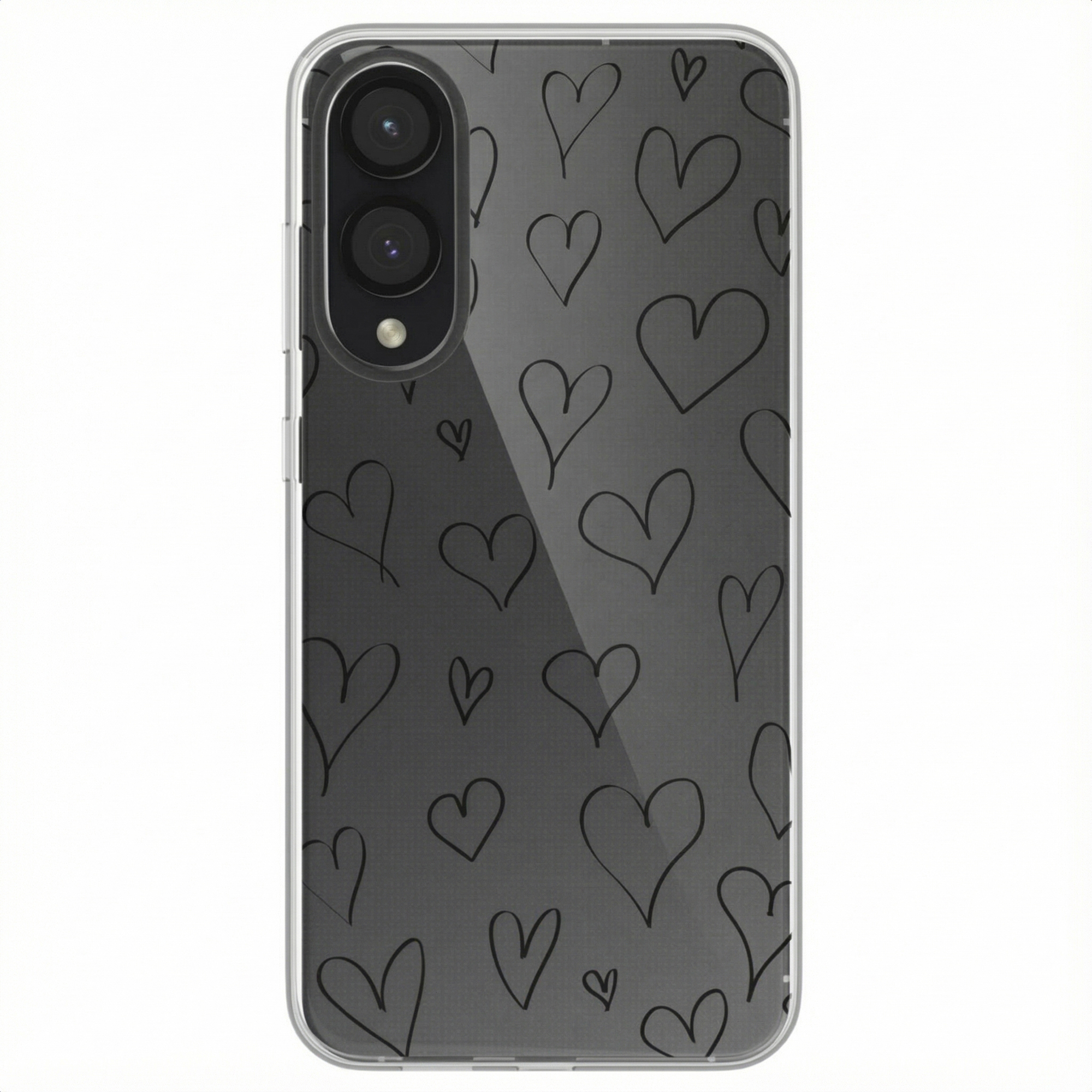Een telefoonhoesje met een grijze achtergrond en zwart omrande harten. De telefoon heeft twee camera's.