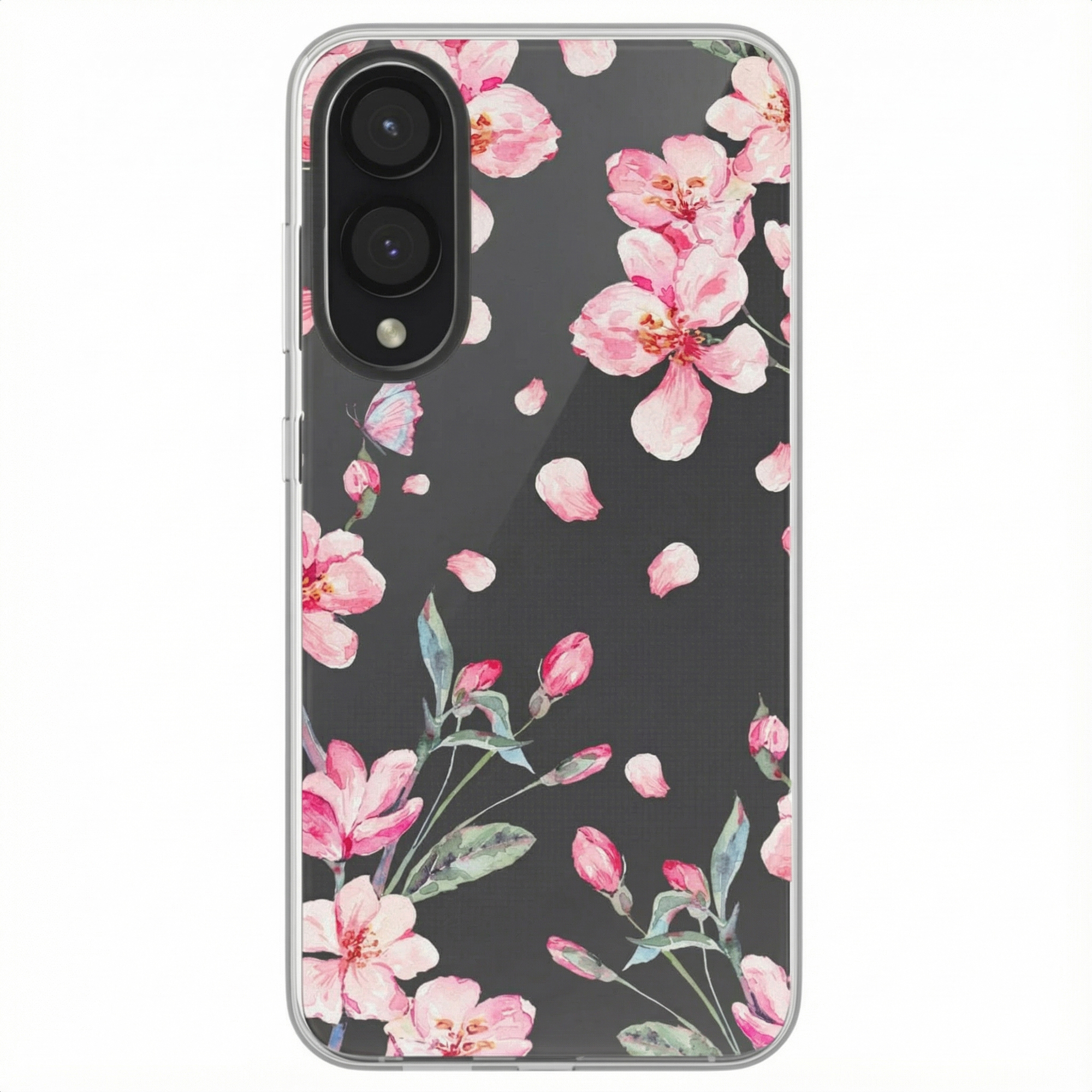 Een telefoonhoesje met een bloemenpatroon. Roze bloemen en bloemblaadjes op een donkere achtergrond, met een vlinder.