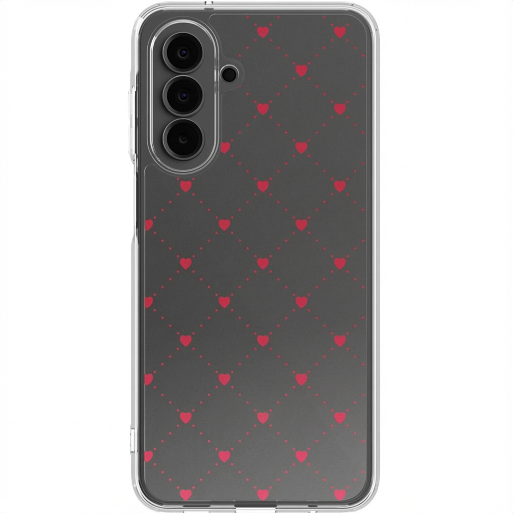 Telefoonhoesje met rood hartpatroon op een donkergrijze achtergrond. Bevat drie camera's.