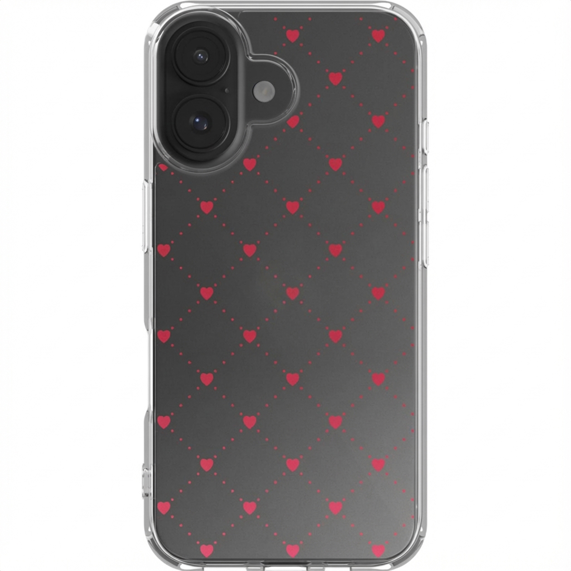 Une coque de téléphone avec un fond gris orné de coeurs rouges. Les objectifs de la caméra sont en haut.