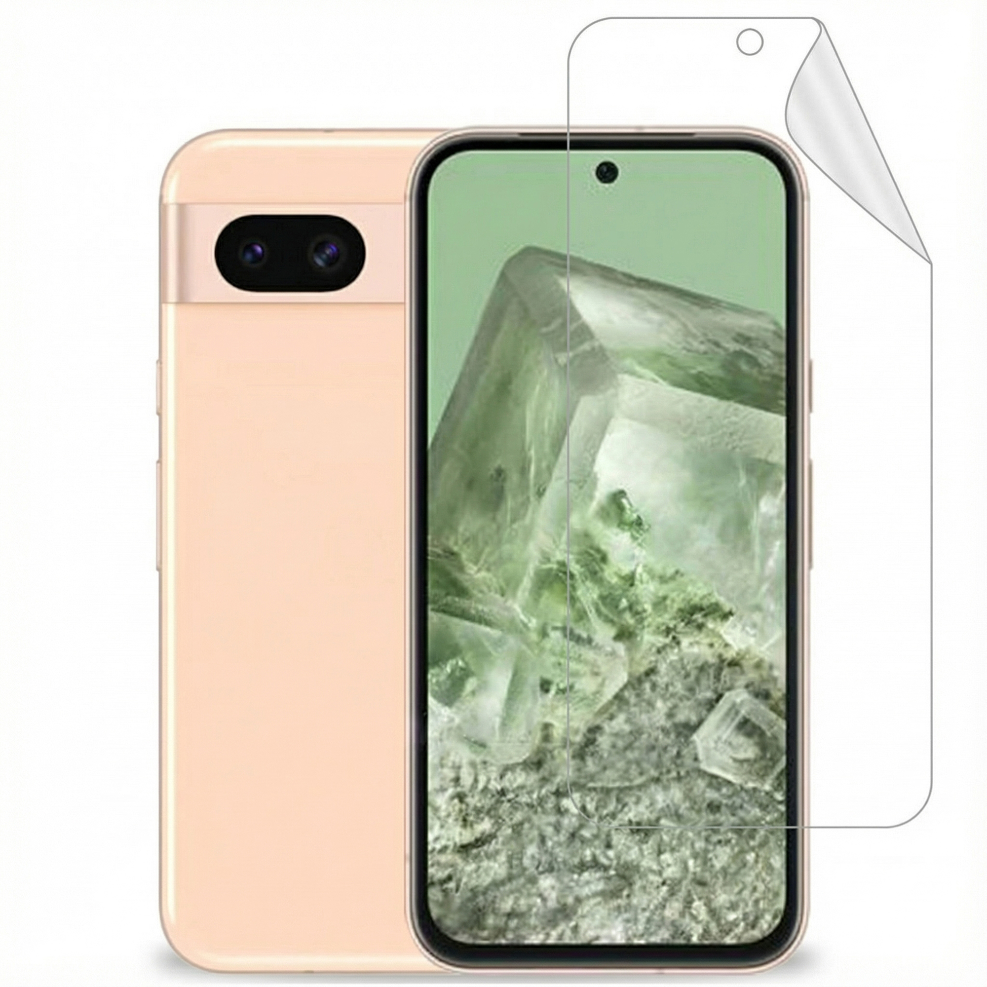 Un smartphone avec un protecteur d'écran appliqué. Le téléphone est doré, avec un écran affichant une formation rocheuse verte.