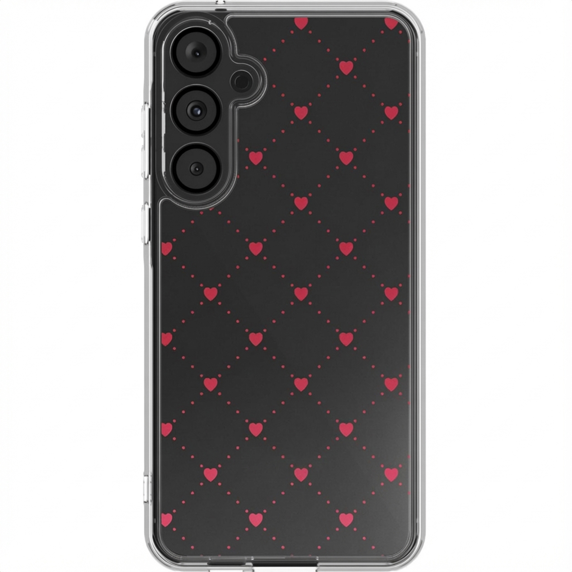 Telefoonhoesje met zwarte achtergrond, rode harten en een doorzichtige rand.