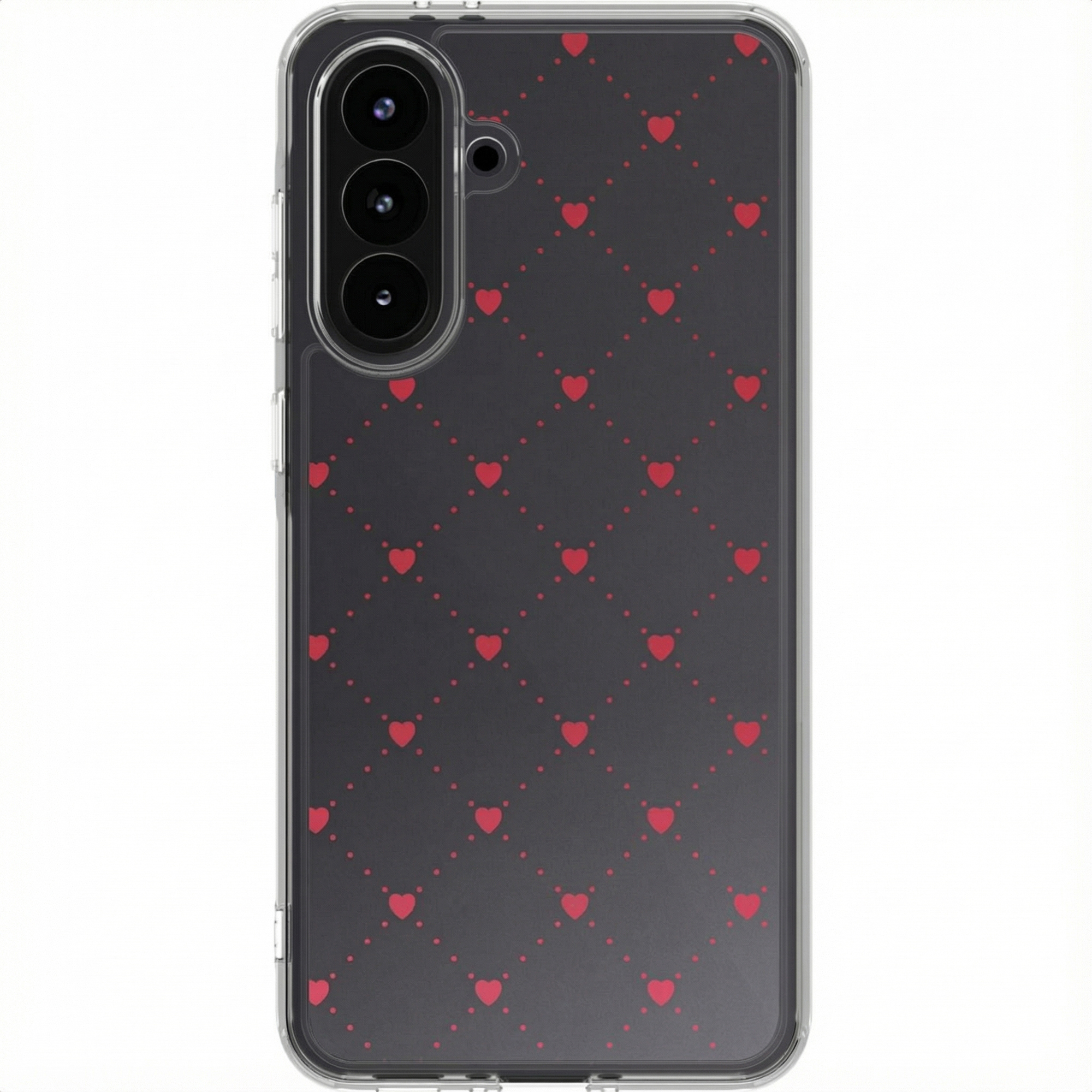 Une coque de téléphone avec un fond noir et un motif de cœurs rouges. Le téléphone a trois caméras.