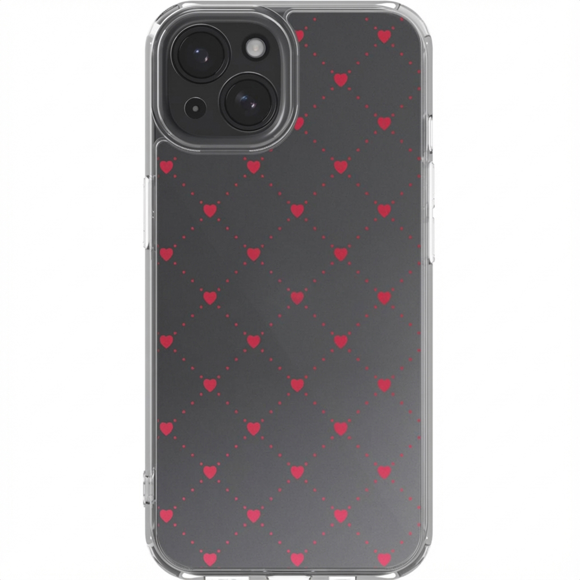 Transparante telefoonhoes met een grijze achtergrond. Rode harten in een rasterpatroon. De hoes heeft een camera-uitsparing.