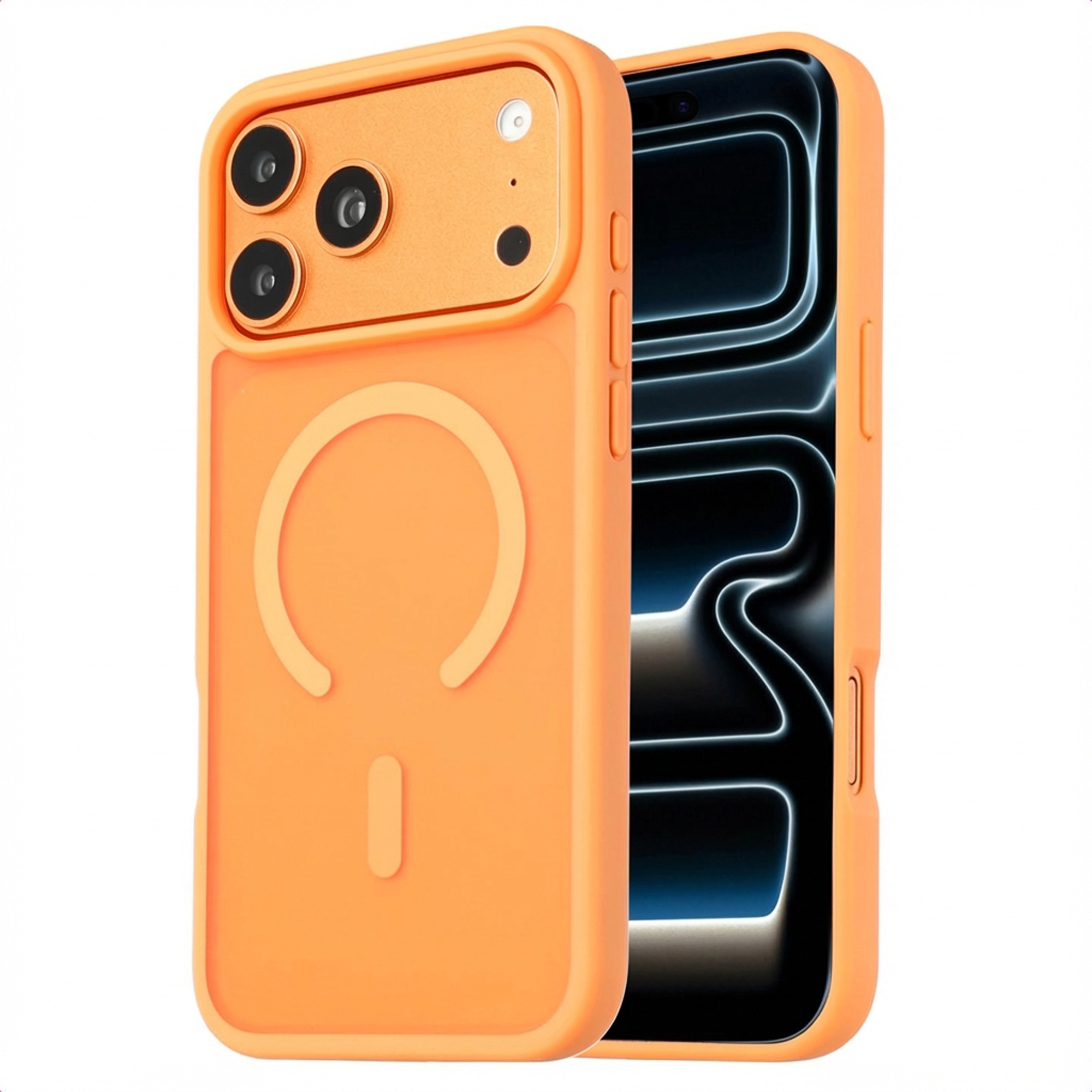 Oranje telefoonhoesje met drie cameralenzen. De telefoon heeft een zwart scherm. Witte achtergrond.