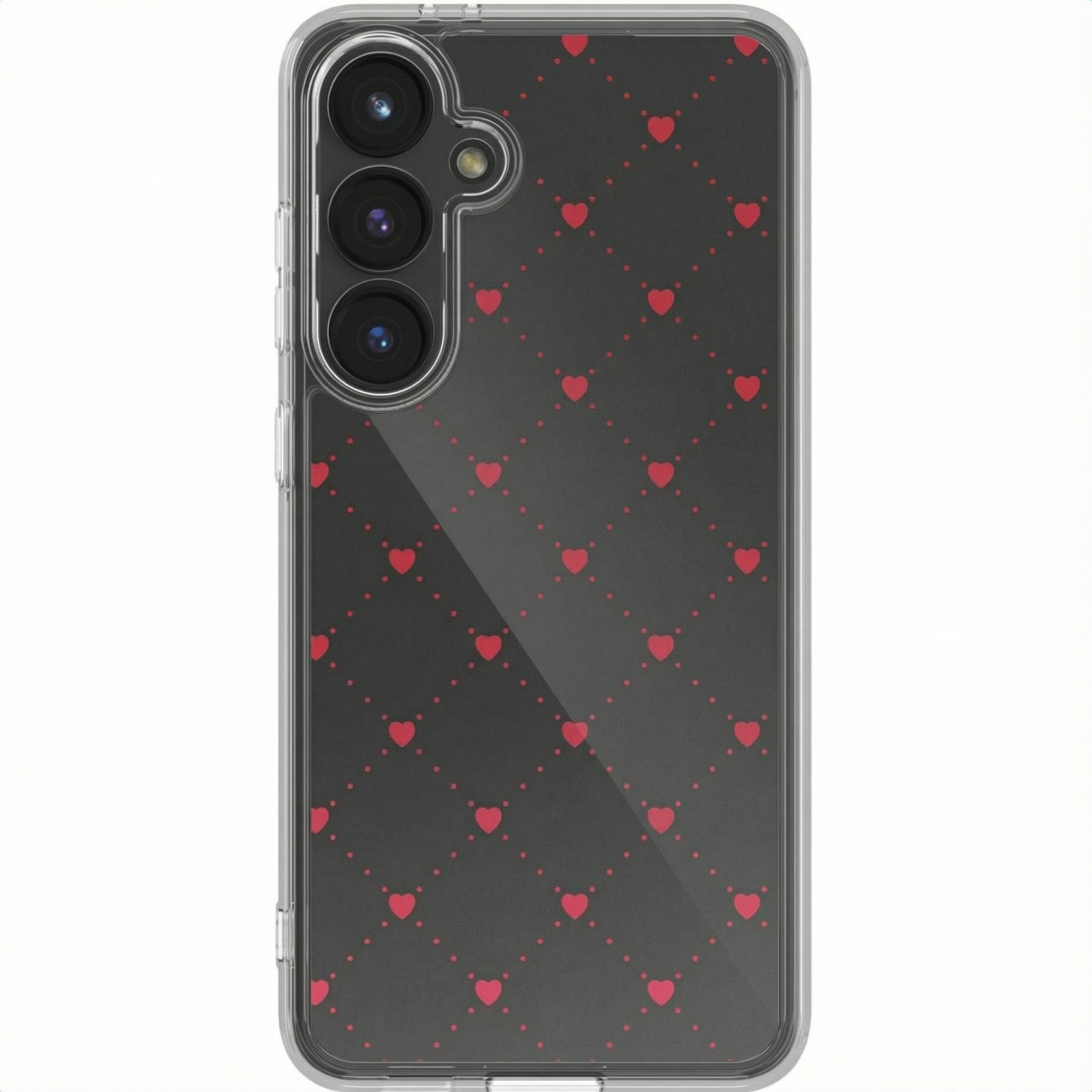 Telefoonhoesje met hartjespatroon, zwarte achtergrond met rode harten, transparante rand en drie cameralenzen.