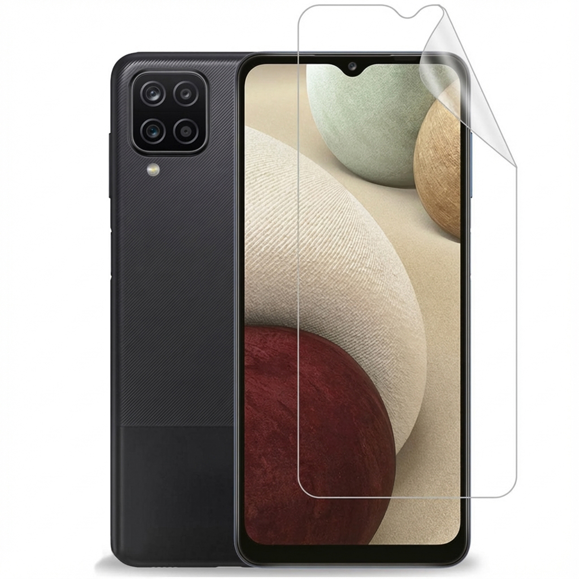 Smartphone noir avec protecteur d'écran appliqué. L'écran affiche des formes abstraites. Le téléphone a un module de caméra carré.