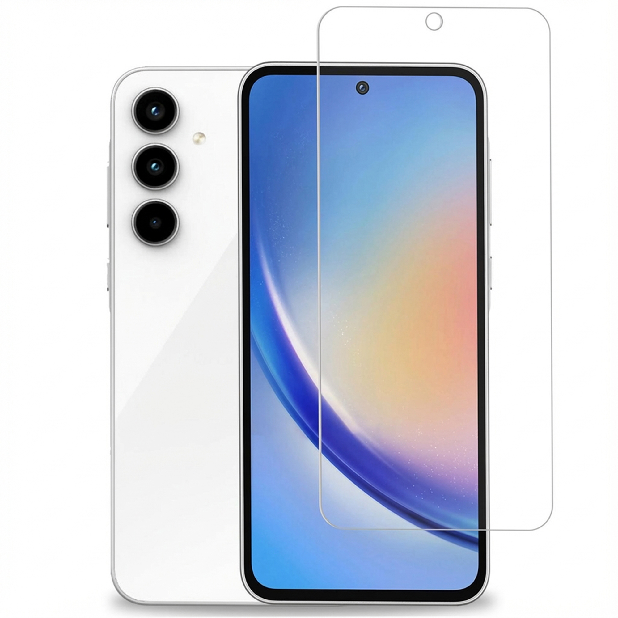 Witte smartphone met drie camera's aan de achterkant en een schermbeschermer. Het scherm toont een kleurverloop.