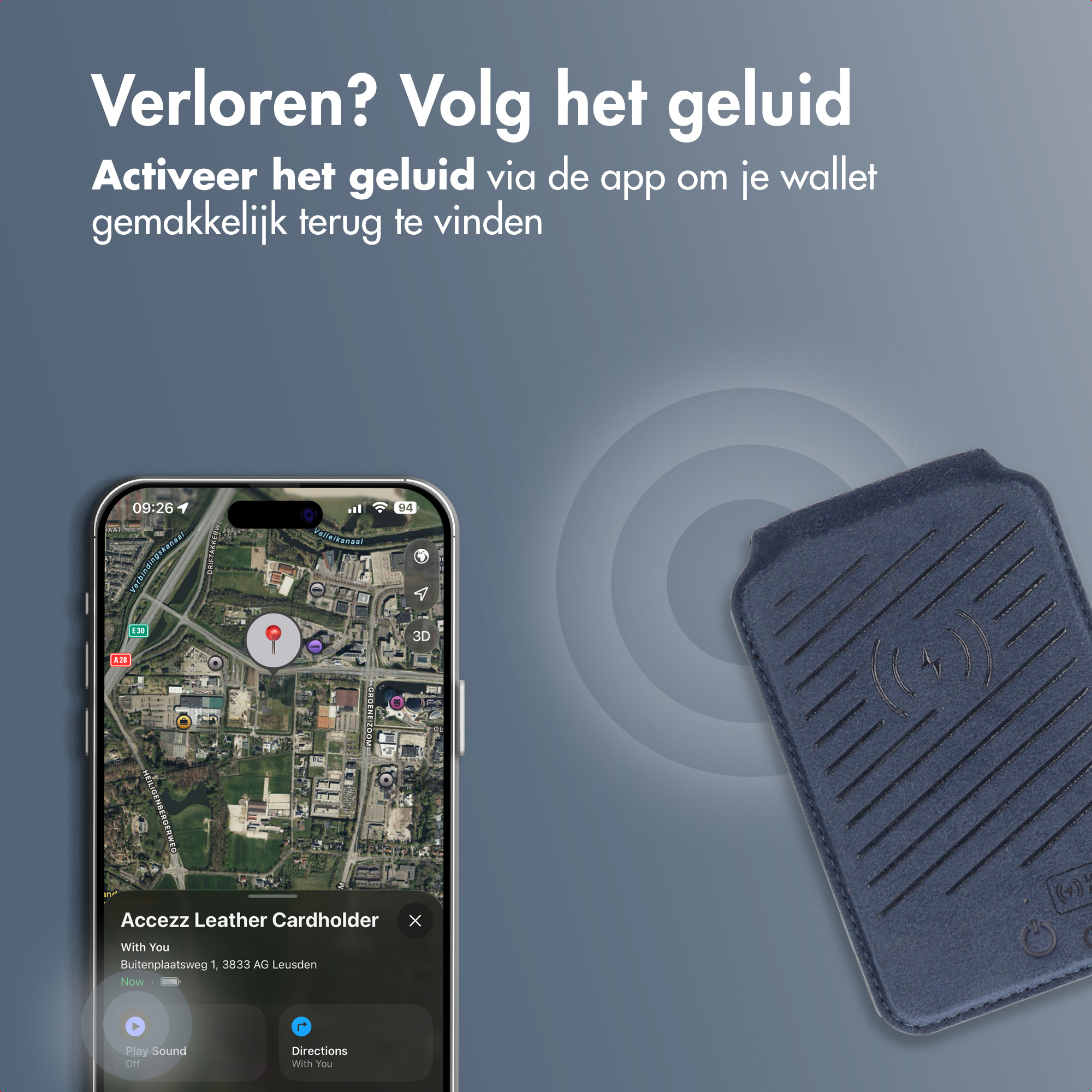 Een telefoon toont een kaart met een locatiemarkering. Een blauwe kaarthouder met oplaadsymbool staat rechts. Tekstoverlays.