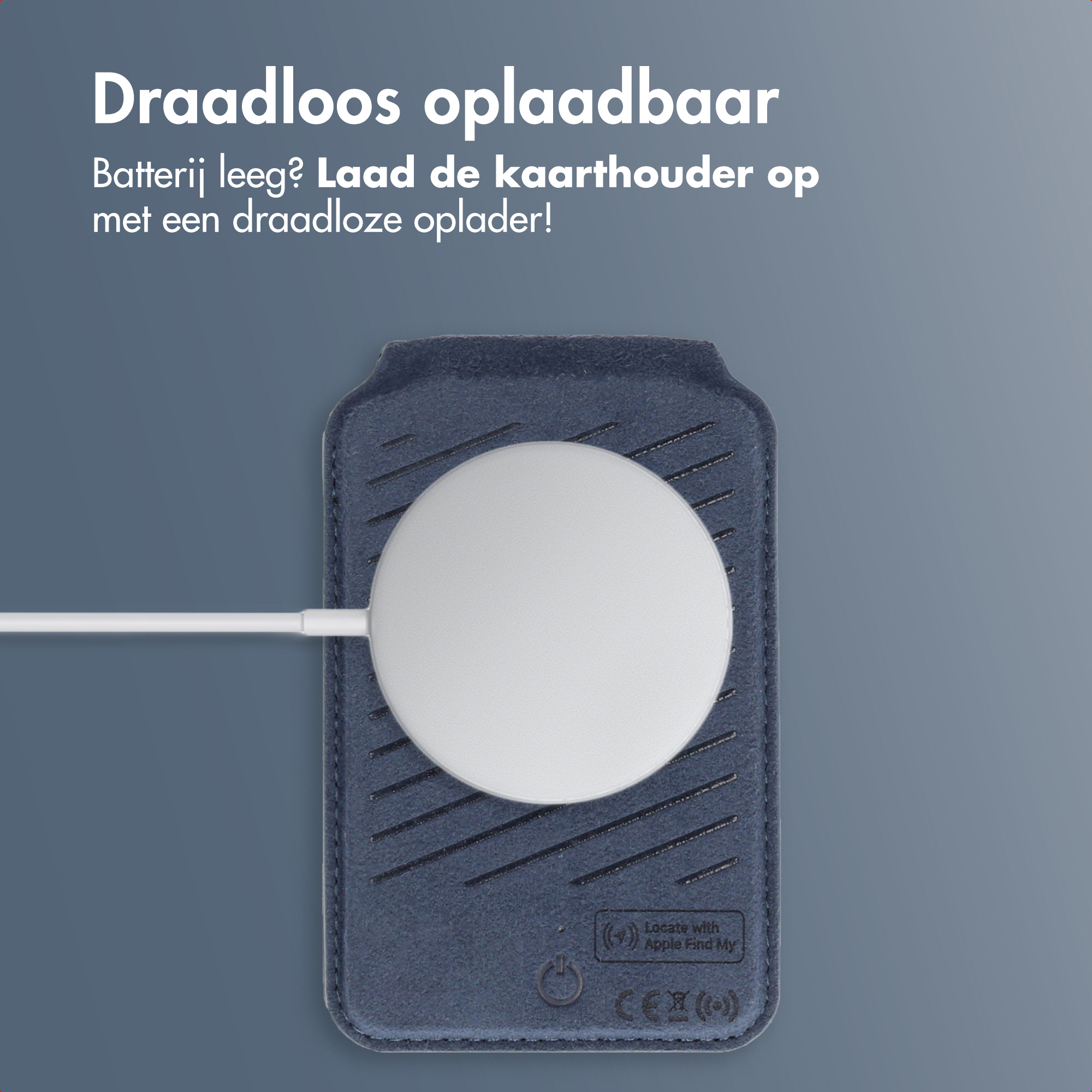 Een kaarthouder met een draadloze oplader. De oplader is wit en de houder is donkerblauw.