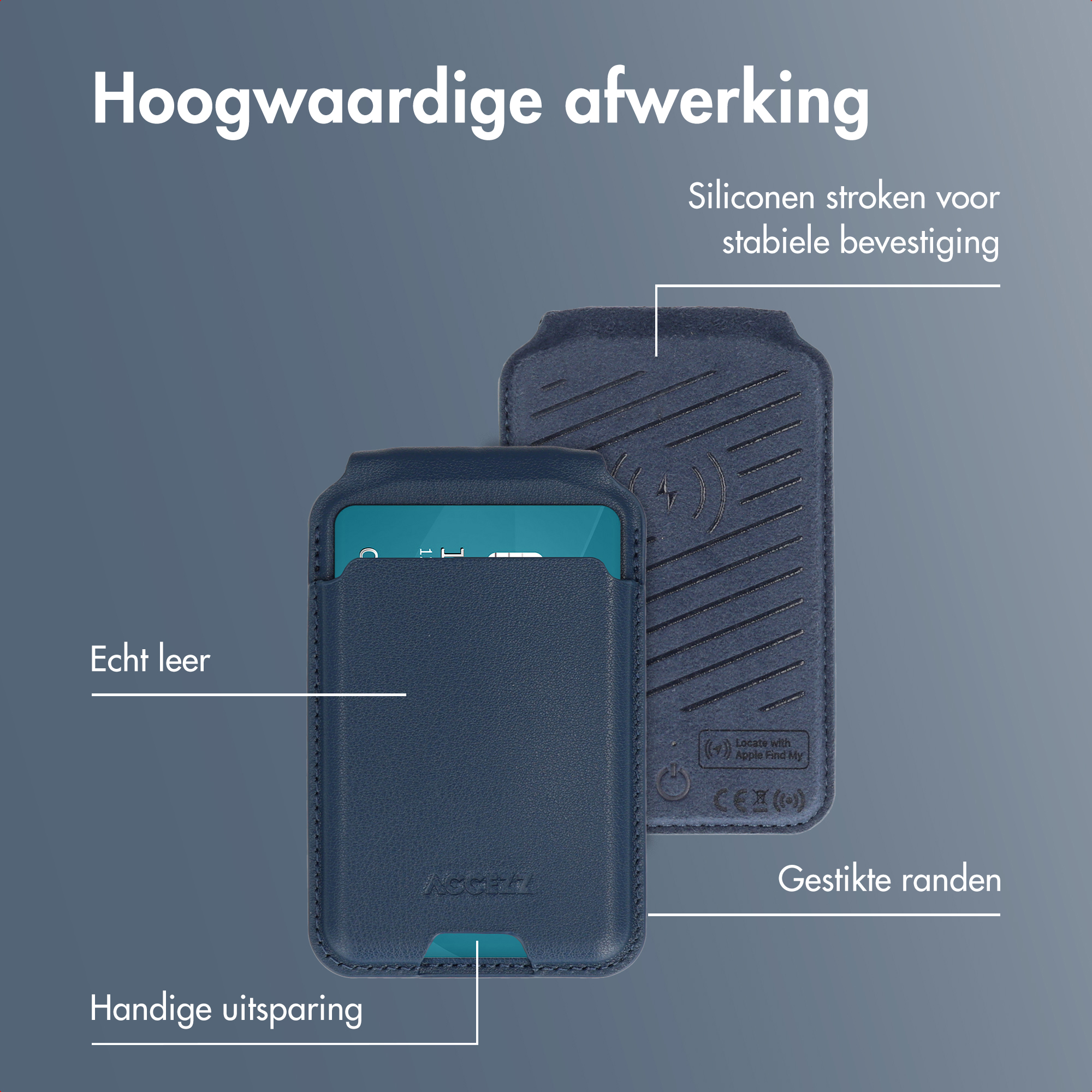 Afbeelding toont twee blauwe leren telefoonhoesjes, één open met een telefoon, met Nederlandse teksten.