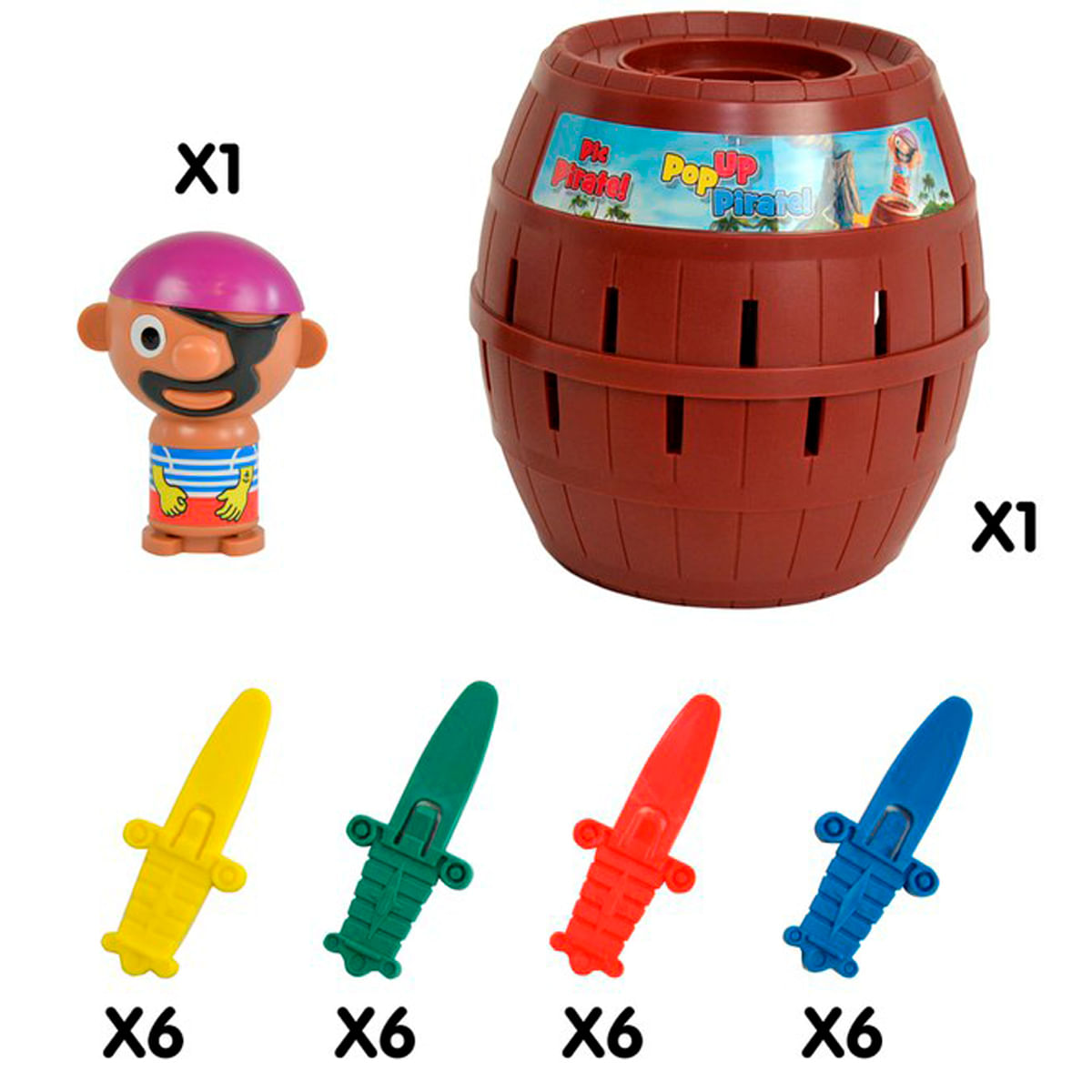 Gra o tematyce pirackiej z beczką, figurką pirata i kolorowymi mieczami. Gra nazywa się 'Pop Up Pirate'.