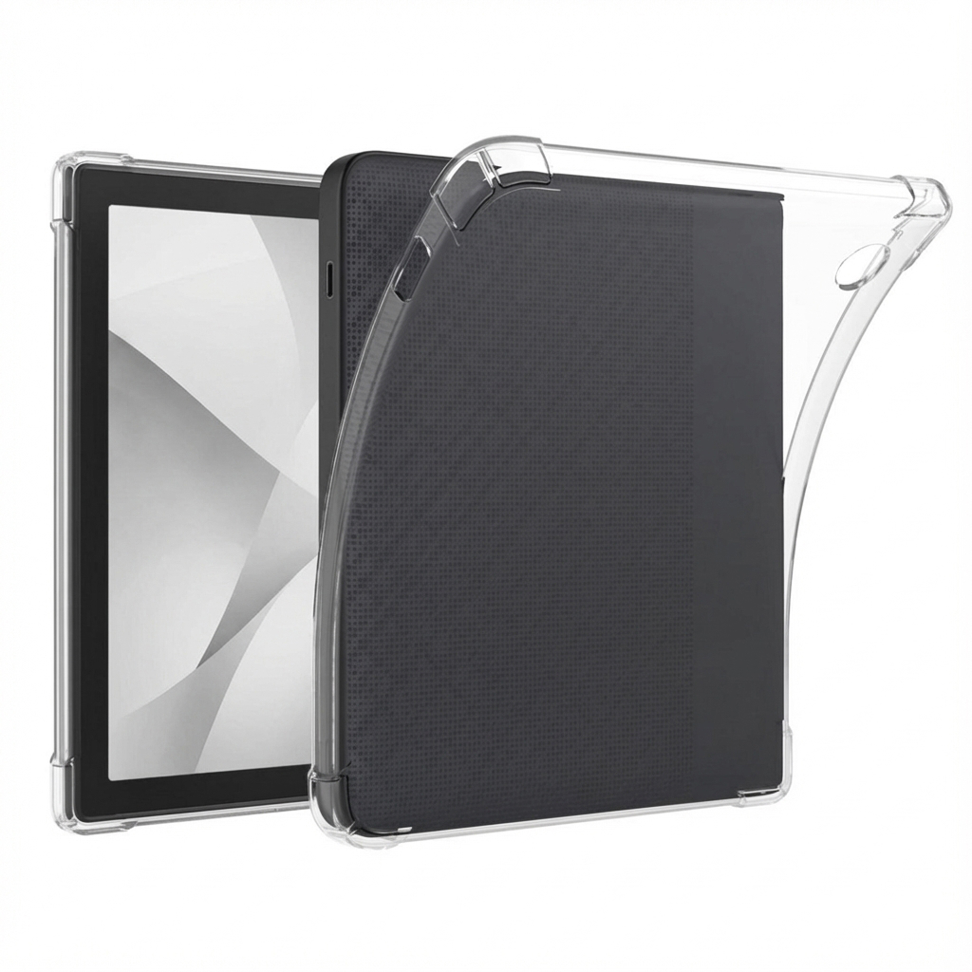 Une tablette avec un écran noir est à l'intérieur d'un étui en plastique transparent. L'étui est ouvert.