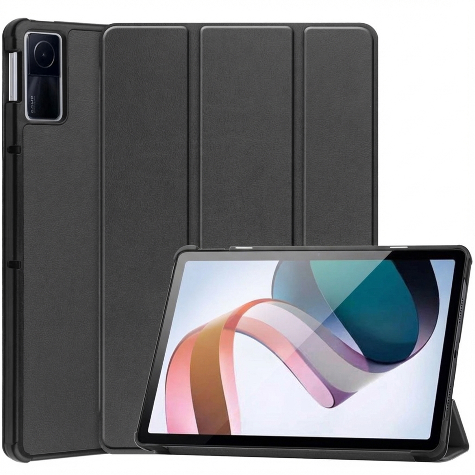 A tablet in a black case, with screen showing colorful abstract art. The case is open, and a camera is seen on the back.